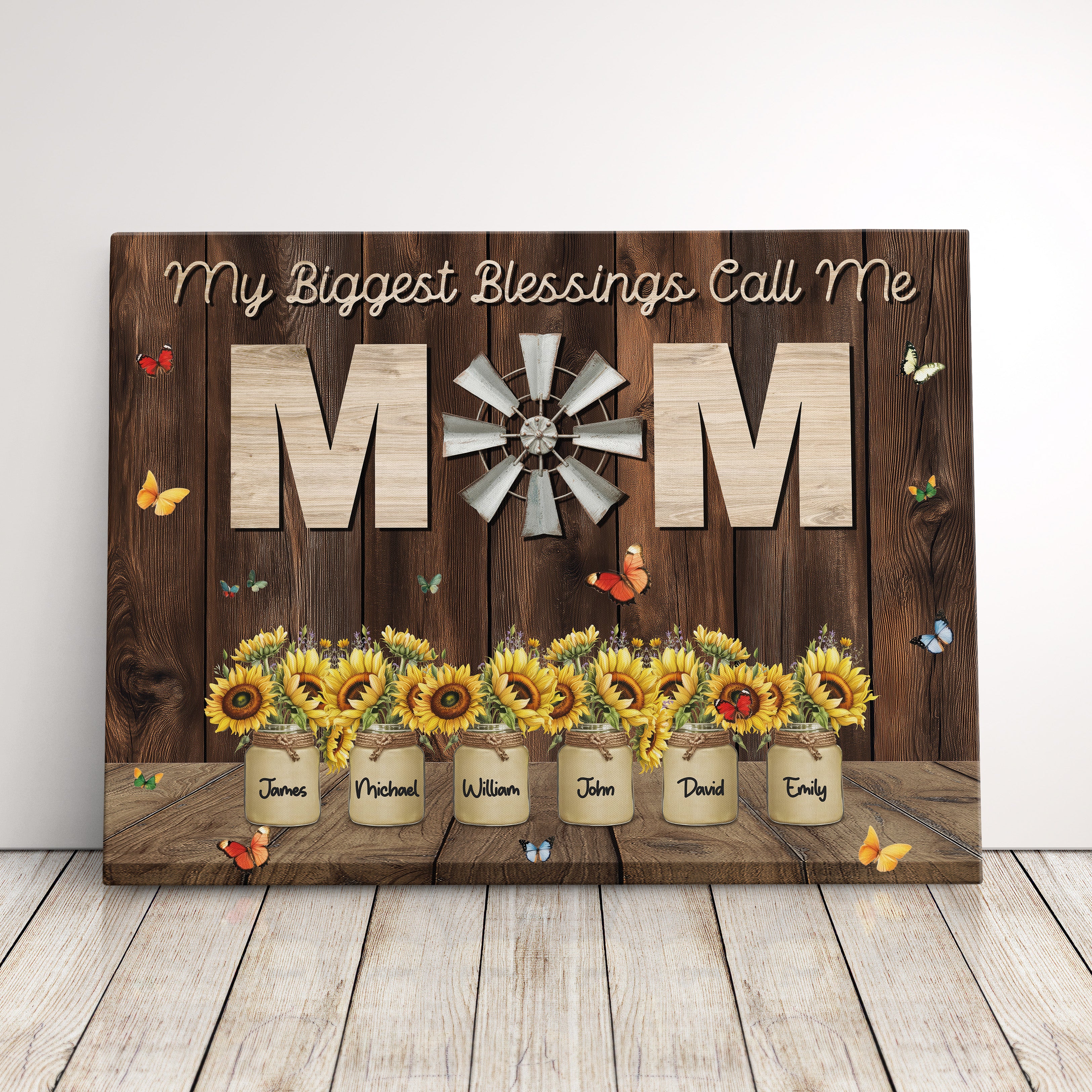 Personalized Gift For Mom Farmhouse Style Sunflower Mason Jar Family Names Canvas Print