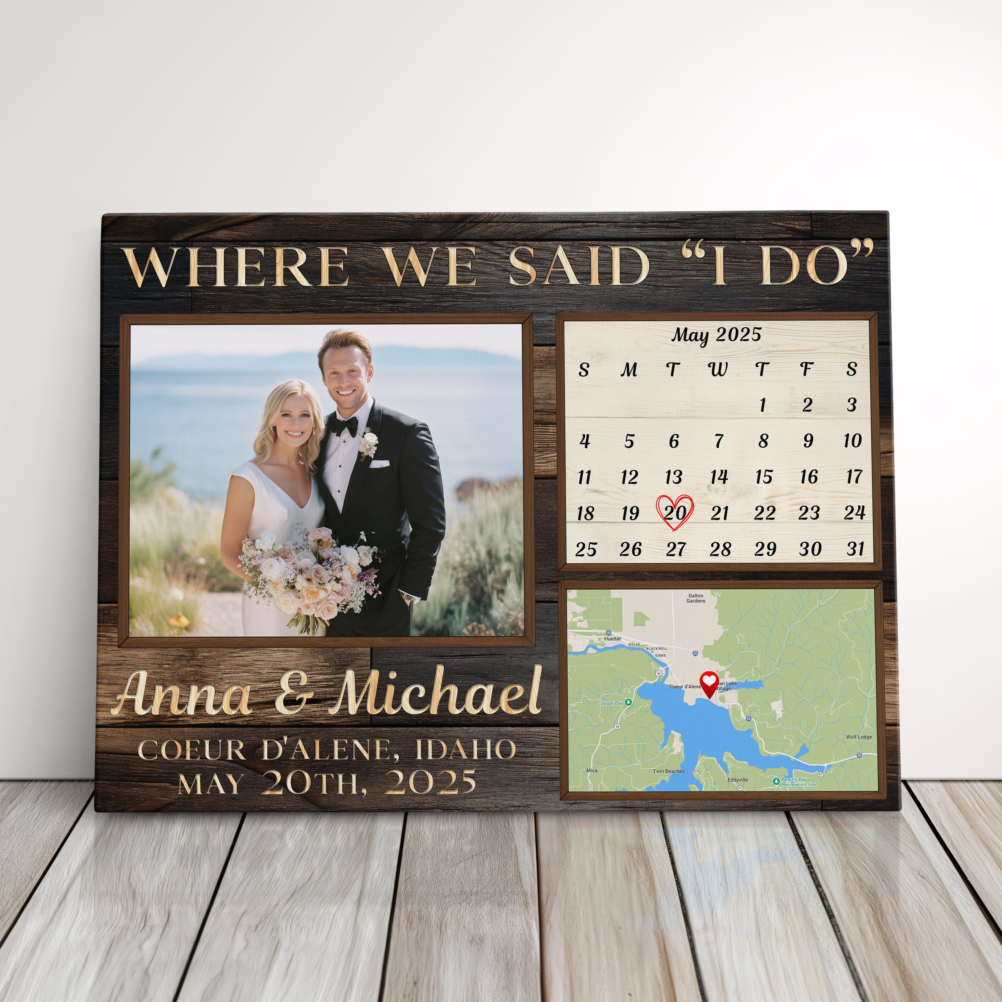 Personalized Wedding Gift Canvas Print, Custom Anniversary Photo Gift For For Wife Or Husband, Photo, Calendar, and Map