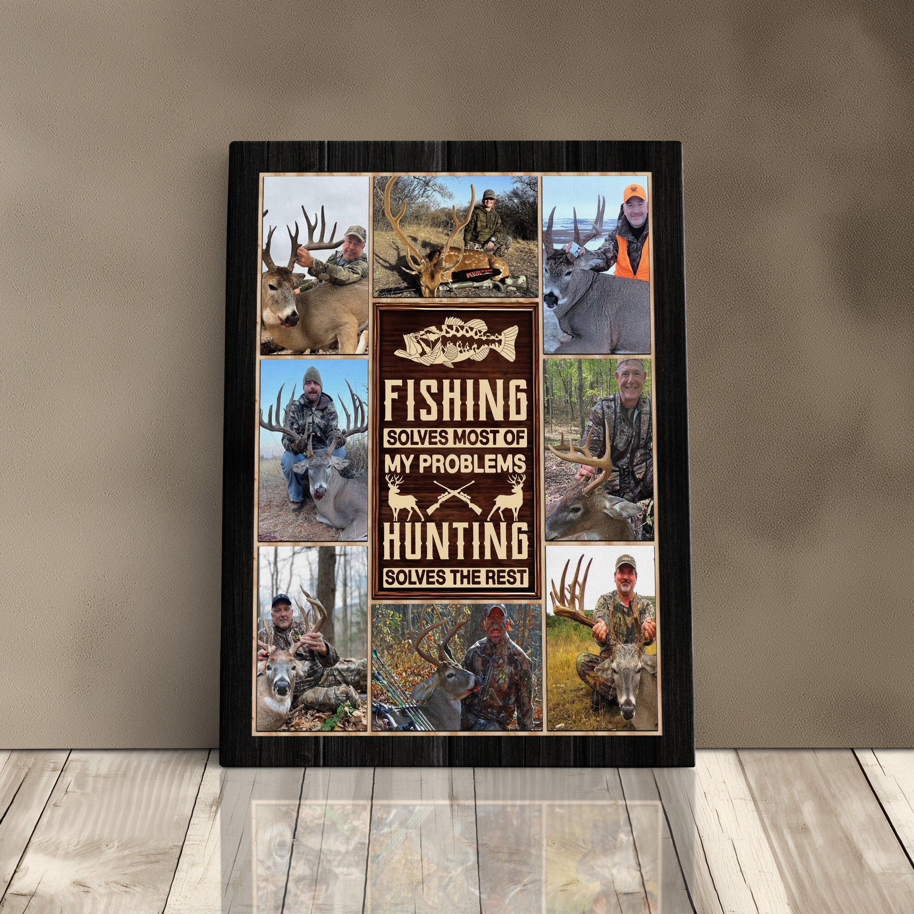 Personalized Hunting & Fishing Photo Collage Canvas Print, Photo Gift Ideas For Husband, Dad, Son, Grandpa Who Is A Hunter Or Fisherman