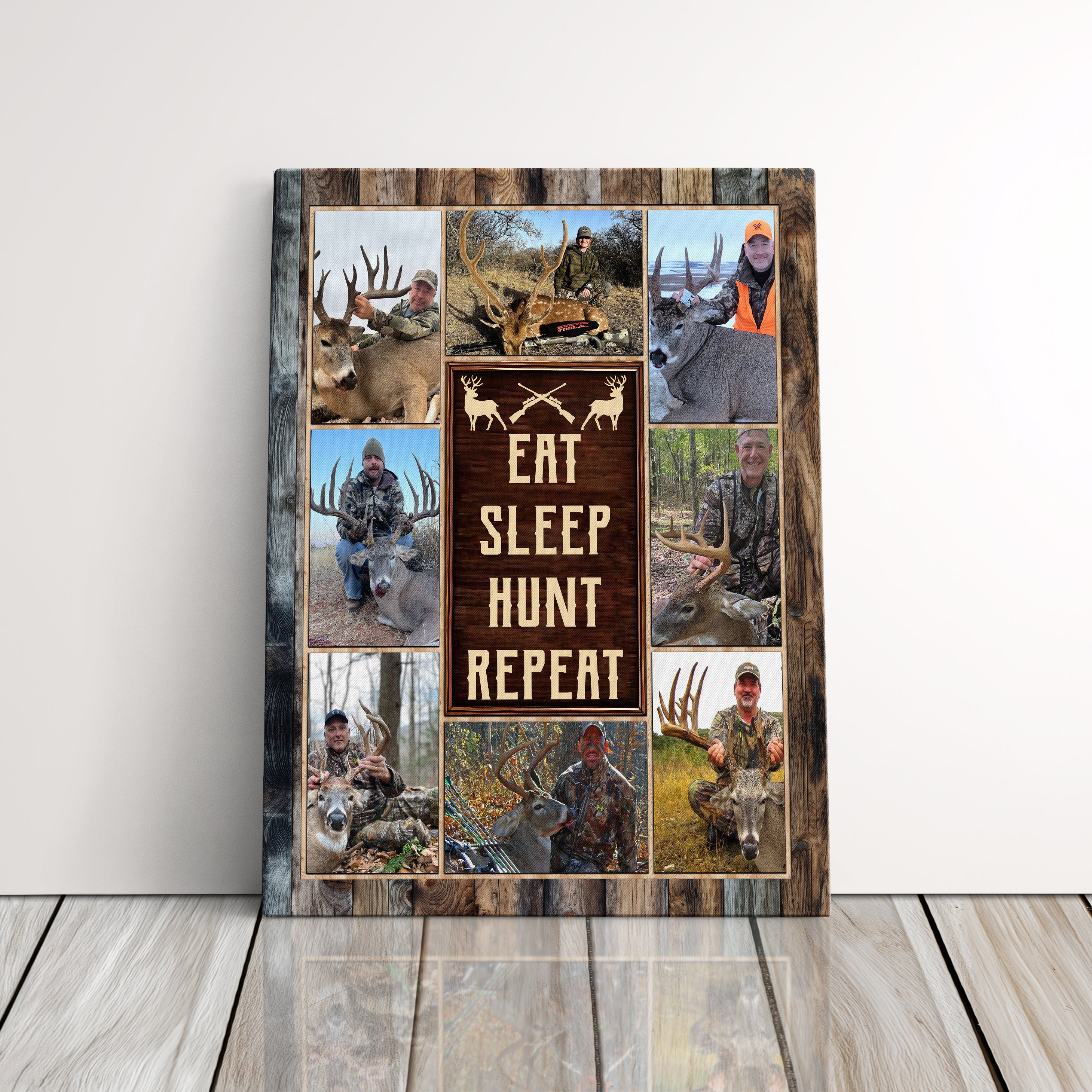 Personalized Deer Hunter Canvas Print Photo Gift Ideas For Dad, Husband, Son, Buck Hunting Outdoorsman Custom Rustic Photo Collage Wall Art Eat Sleep Hunt Fish