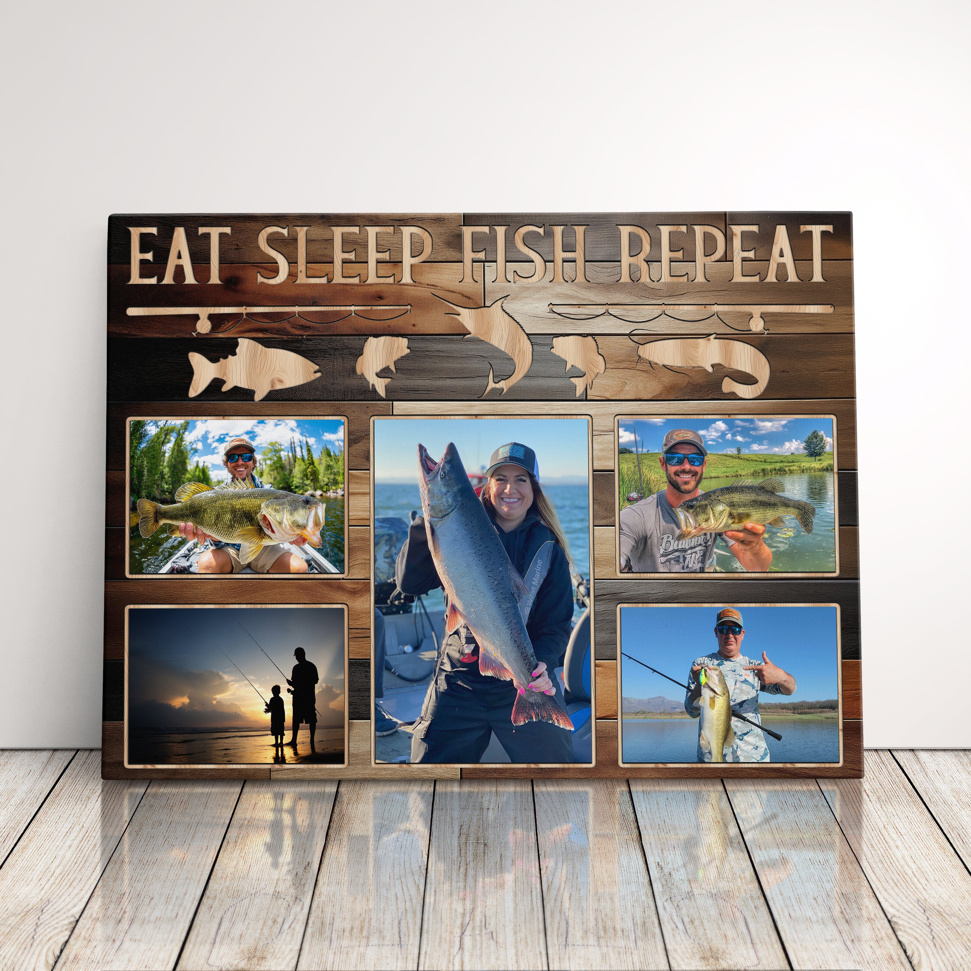 Personalized Fishing Canvas Print Photo Collage Wall Art, Custom Fisherman Photo Gift For Husband, Father, Or Boyfriend, Man Cave Wall Decor Eat Sleep Fish Repeat