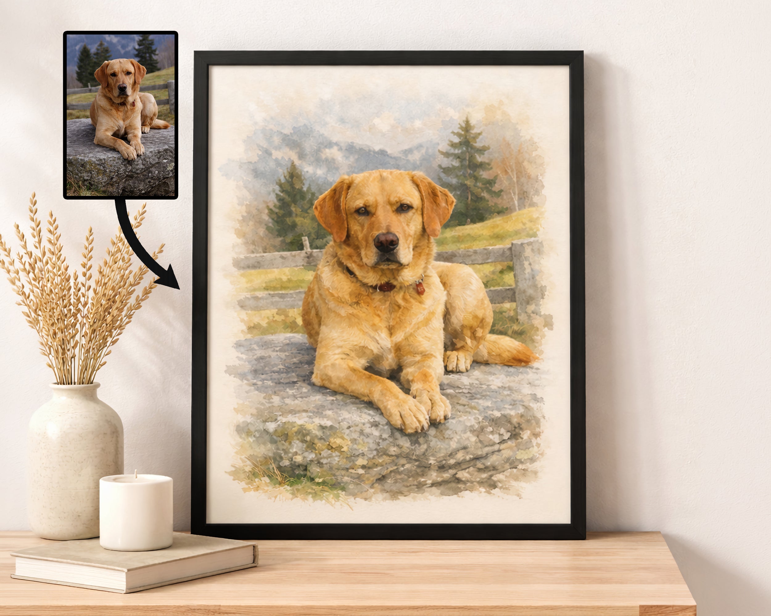 A framed custom pet portrait of a golden retriever dog, displayed on a wooden shelf next to a vase with dried wheat and a candle. An inset photo of the original dog photo with an arrow pointing to the painted portrait illustrates the customization process.