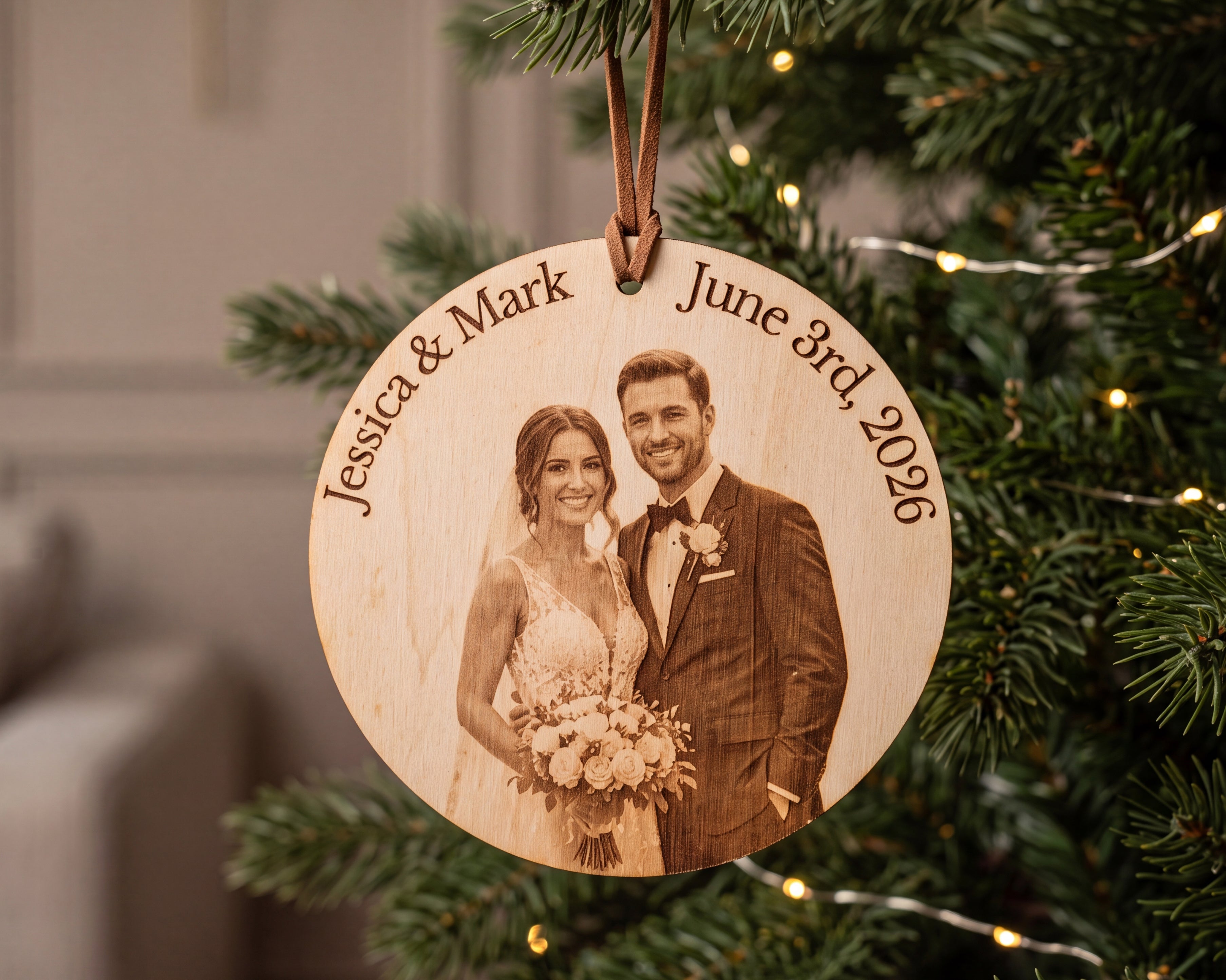 Custom Wedding Photo Engraved Wood Christmas Ornament
