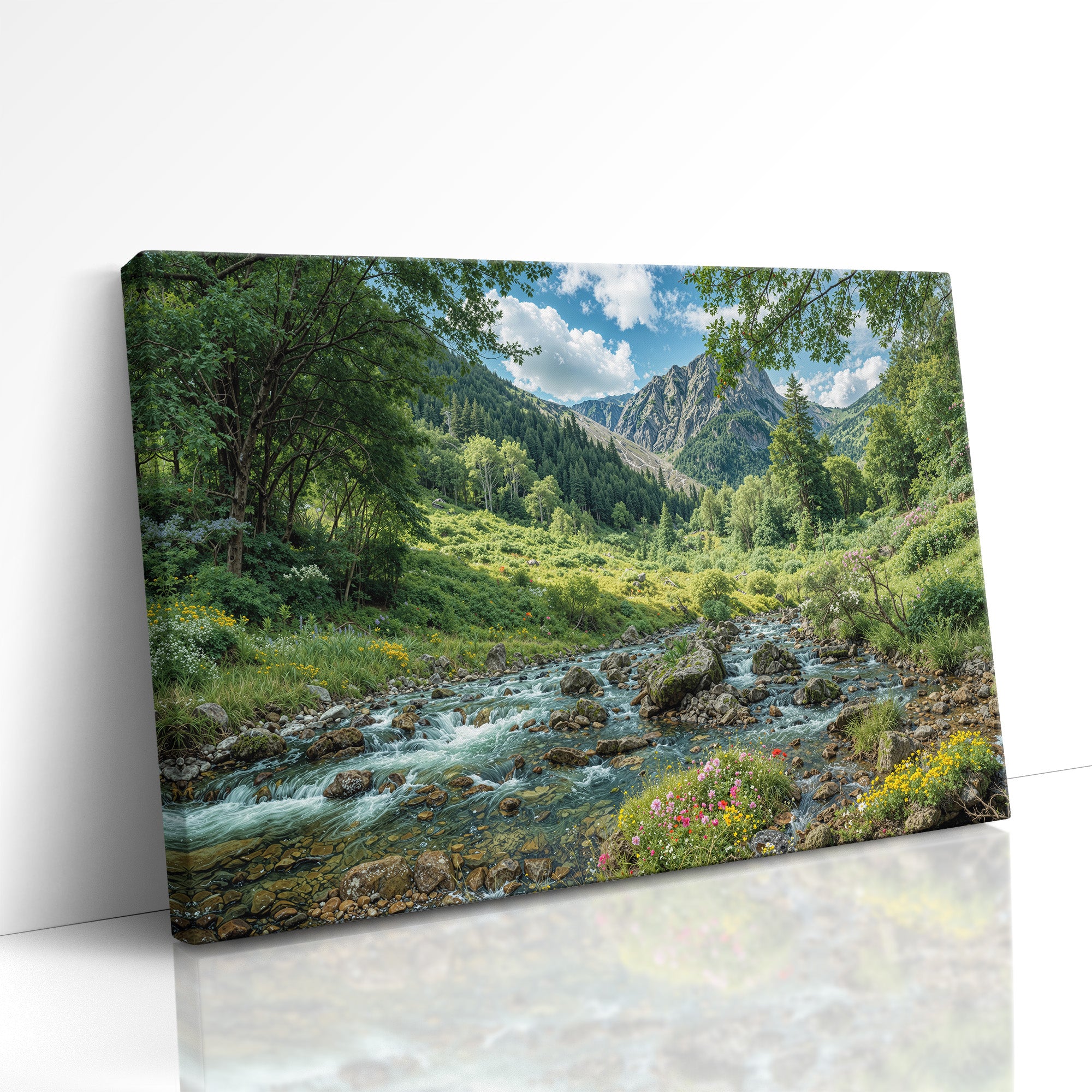 Sunlit Alpine Stream and Mountain Meadow