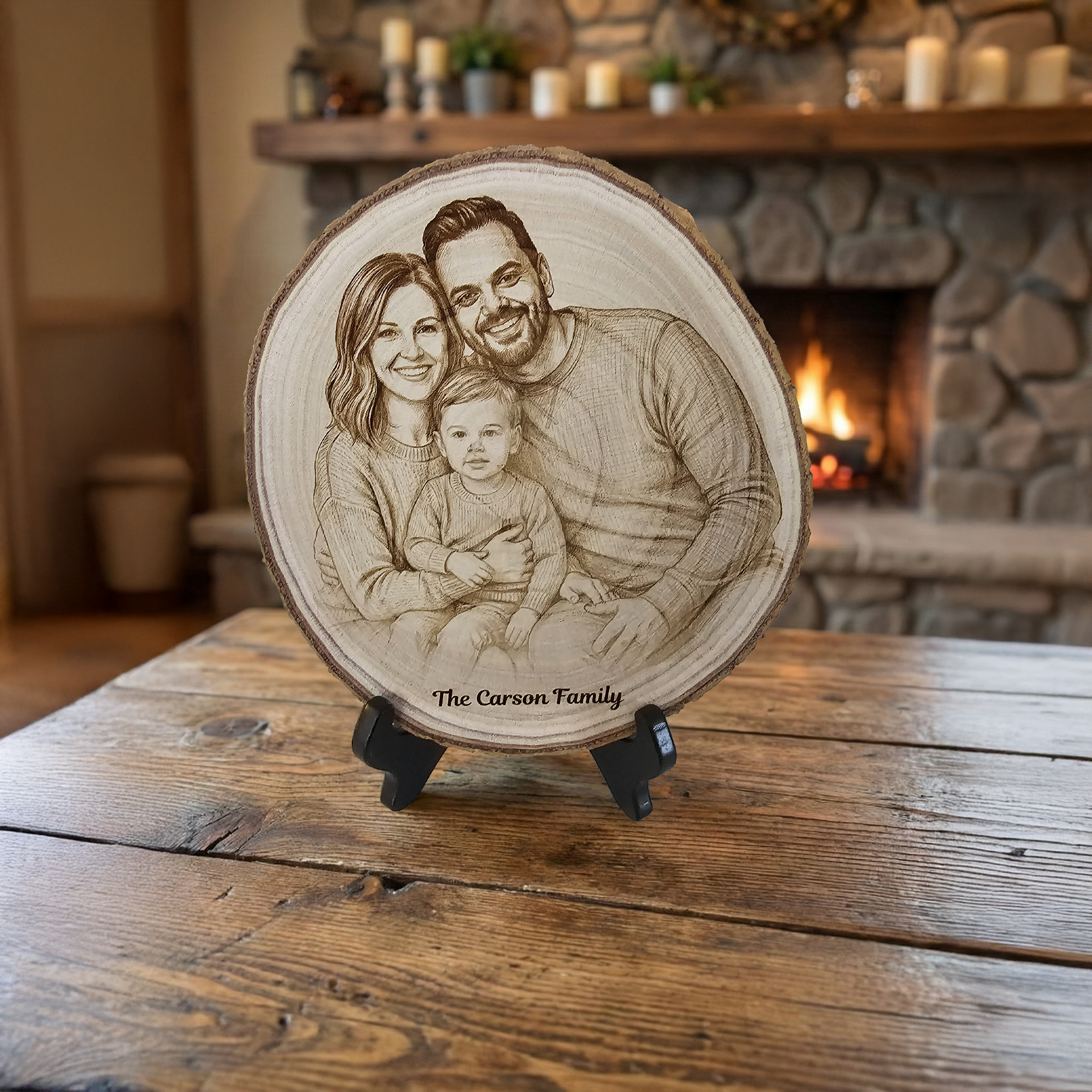 Wooden plaque with family engraving on a wooden table in front of a fireplace.