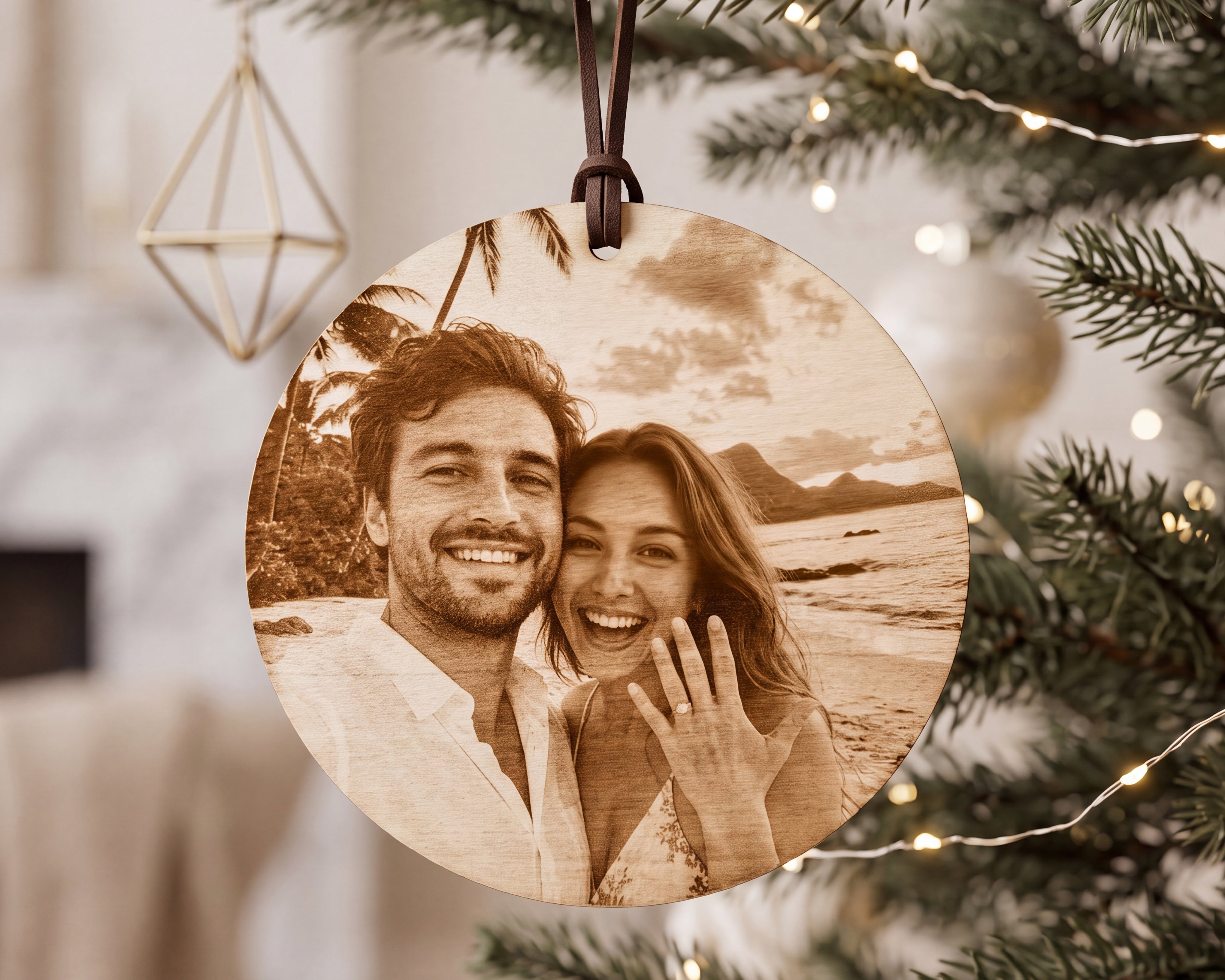 Custom Engagement Photo Engraved Wood Christmas Ornament