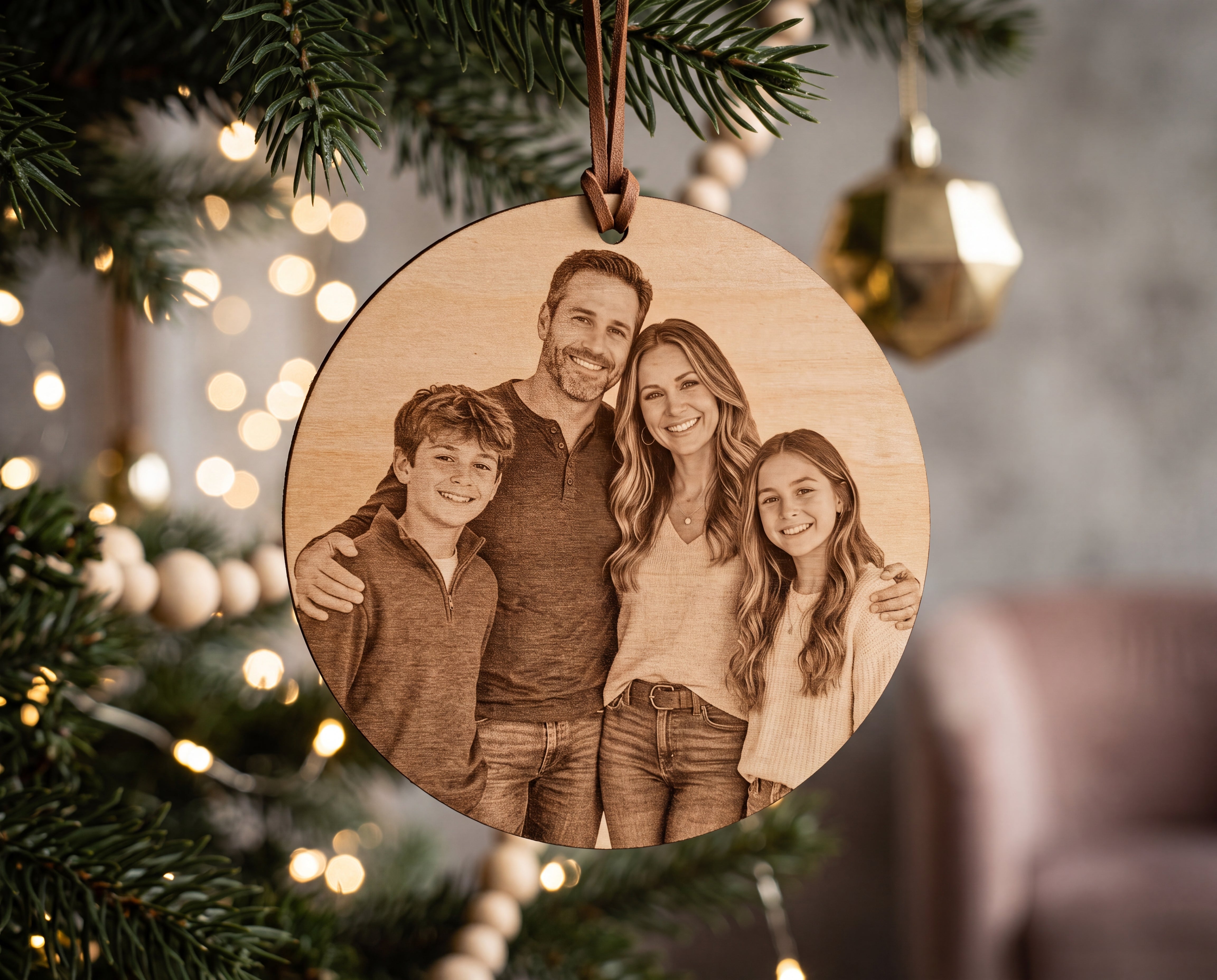 Custom Family Photo Engraved Wood Christmas Ornament