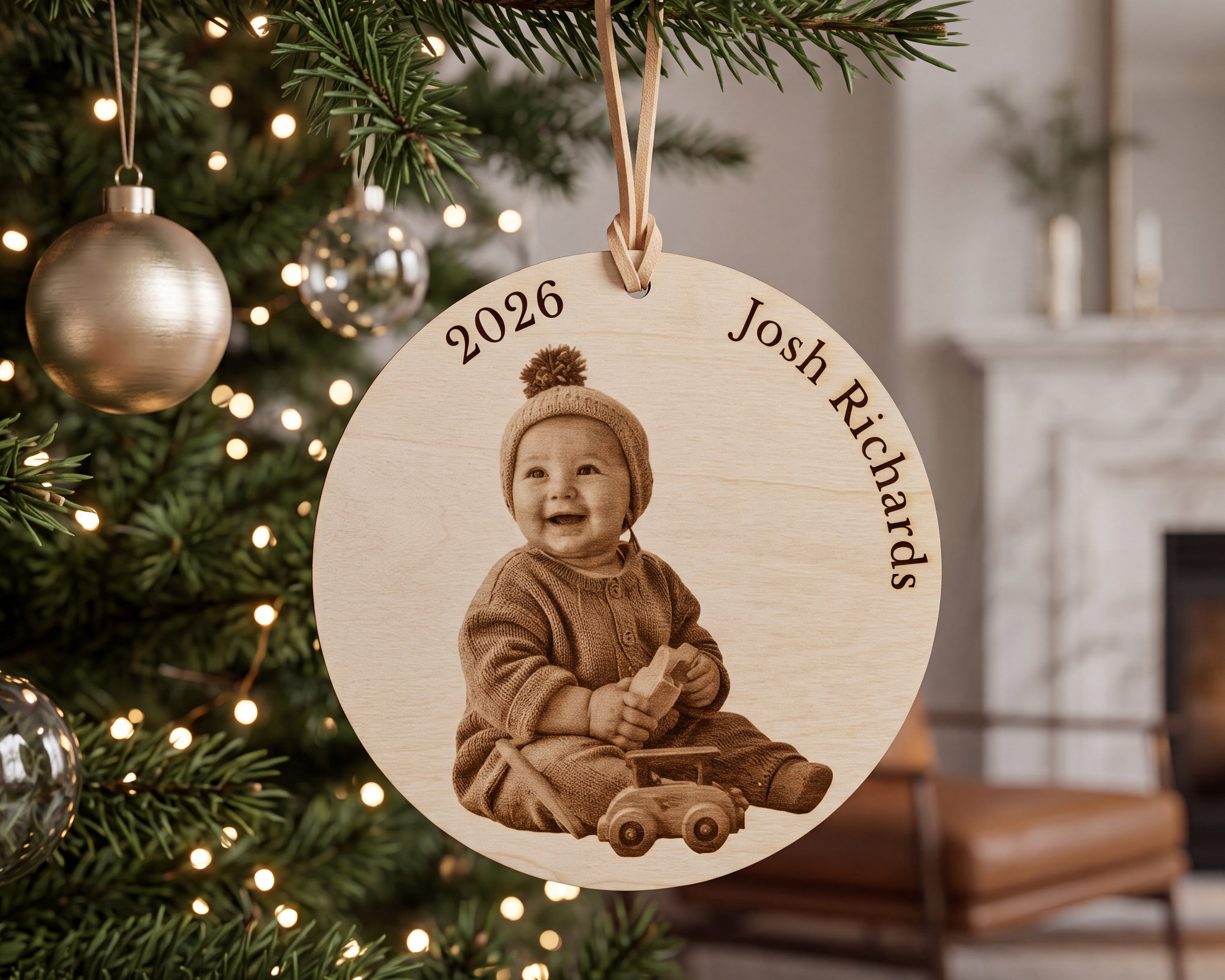 Custom Baby's First Christmas Photo Engraved Wood Christmas Ornament