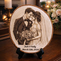 Custom Wood Couples Portrait Engraving – Engagement, Wedding, Or Anniversary Photo Plaque Tree Slice