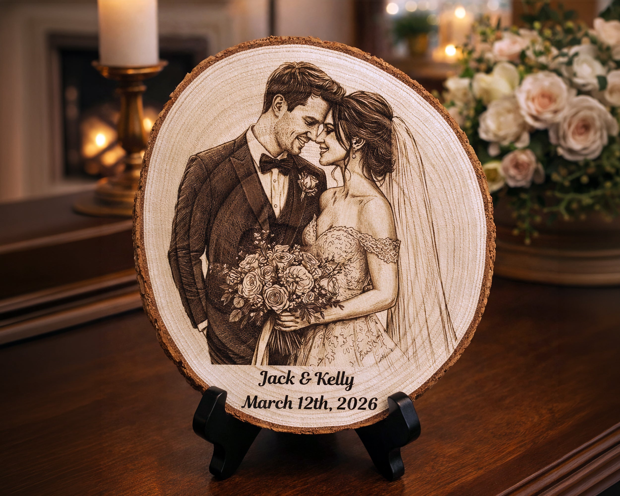 Custom Wood Couples Portrait Engraving – Engagement, Wedding, Or Anniversary Photo Plaque Tree Slice