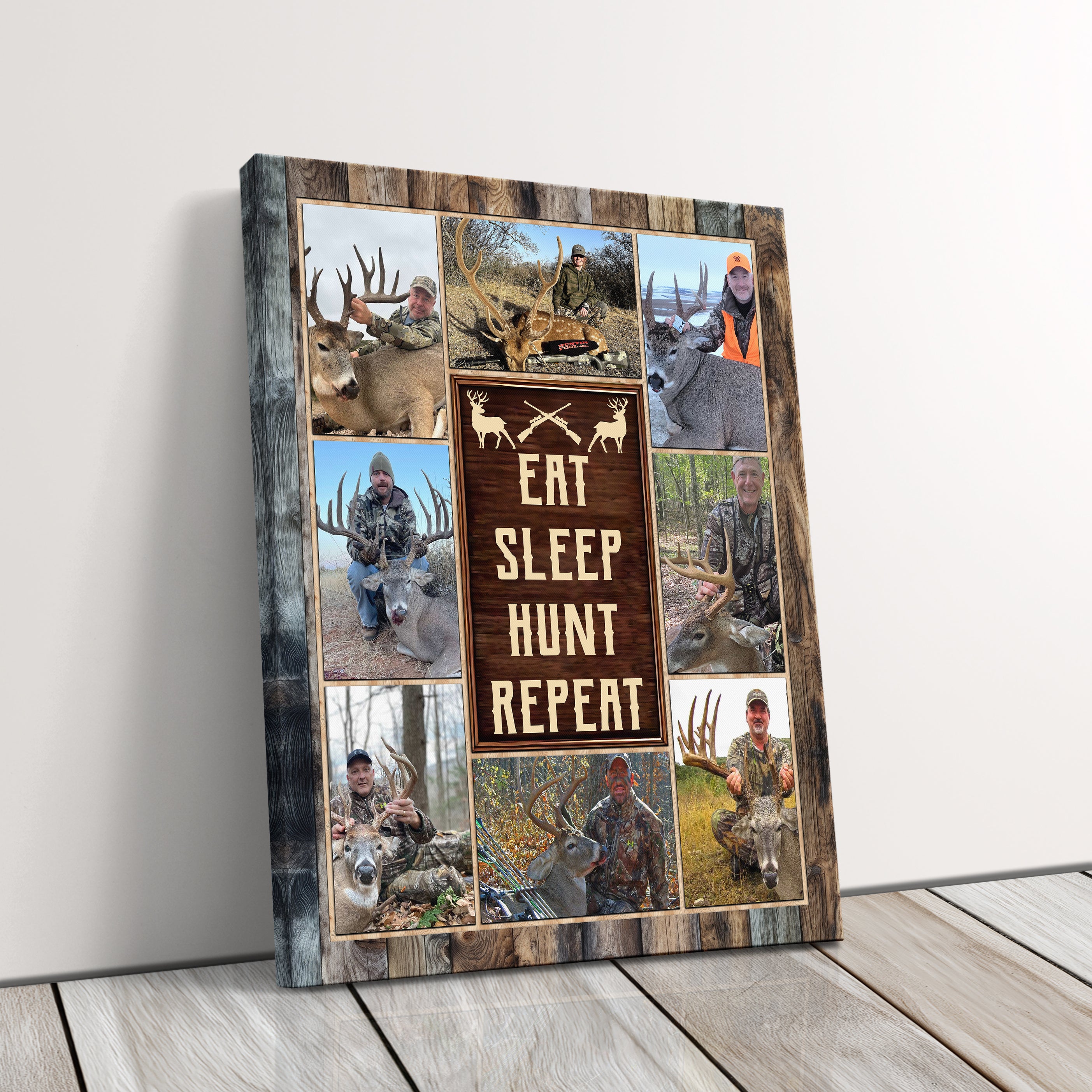 Personalized Deer Hunter Canvas Print Photo Gift Ideas For Dad, Husband, Son, Buck Hunting Outdoorsman Custom Rustic Photo Collage Wall Art Eat Sleep Hunt Fish