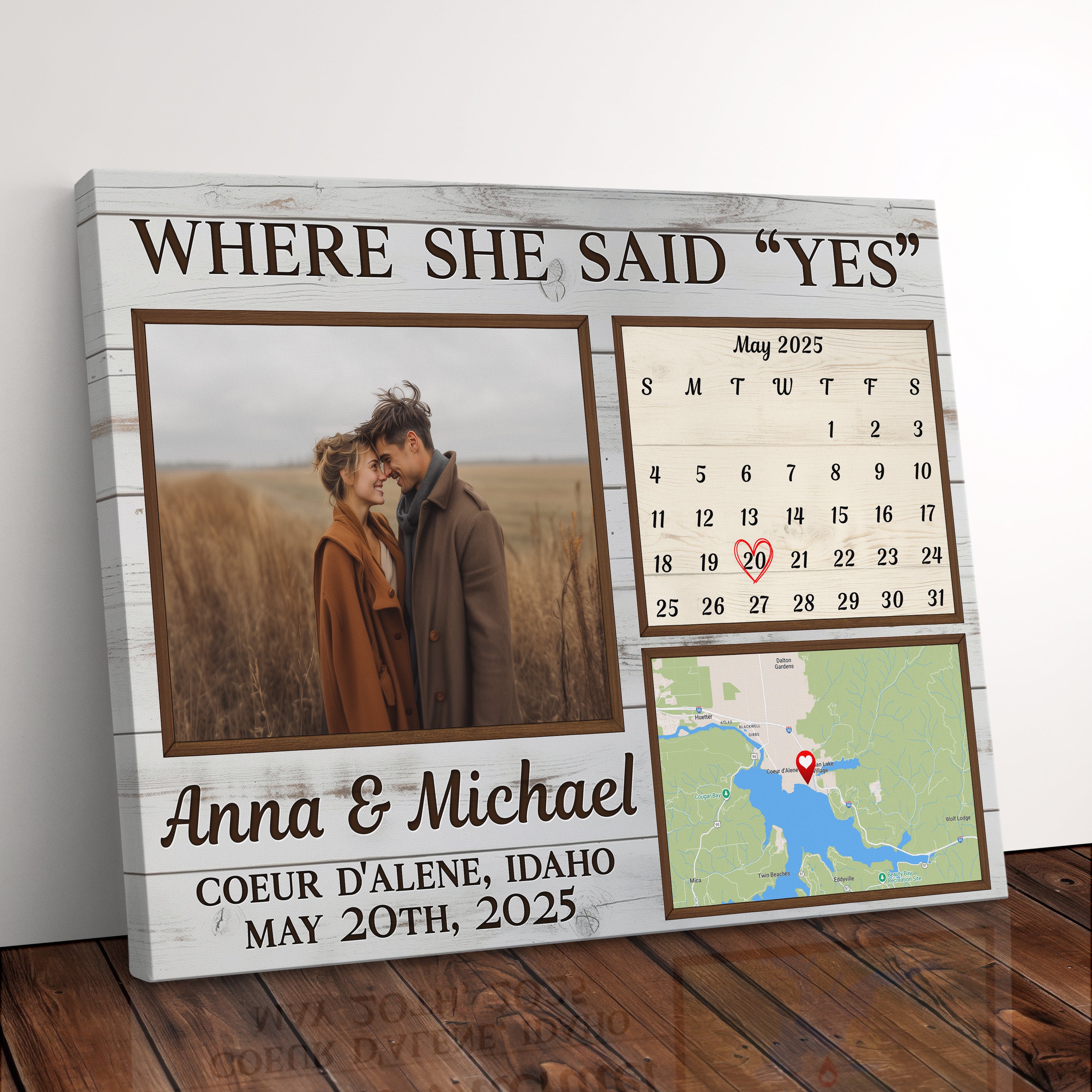 Personalized Gift For Newly Engaged Couple Canvas Print, Custom Engagement Canvas Photo Gift For Couple, Photo, Calendar, and Map