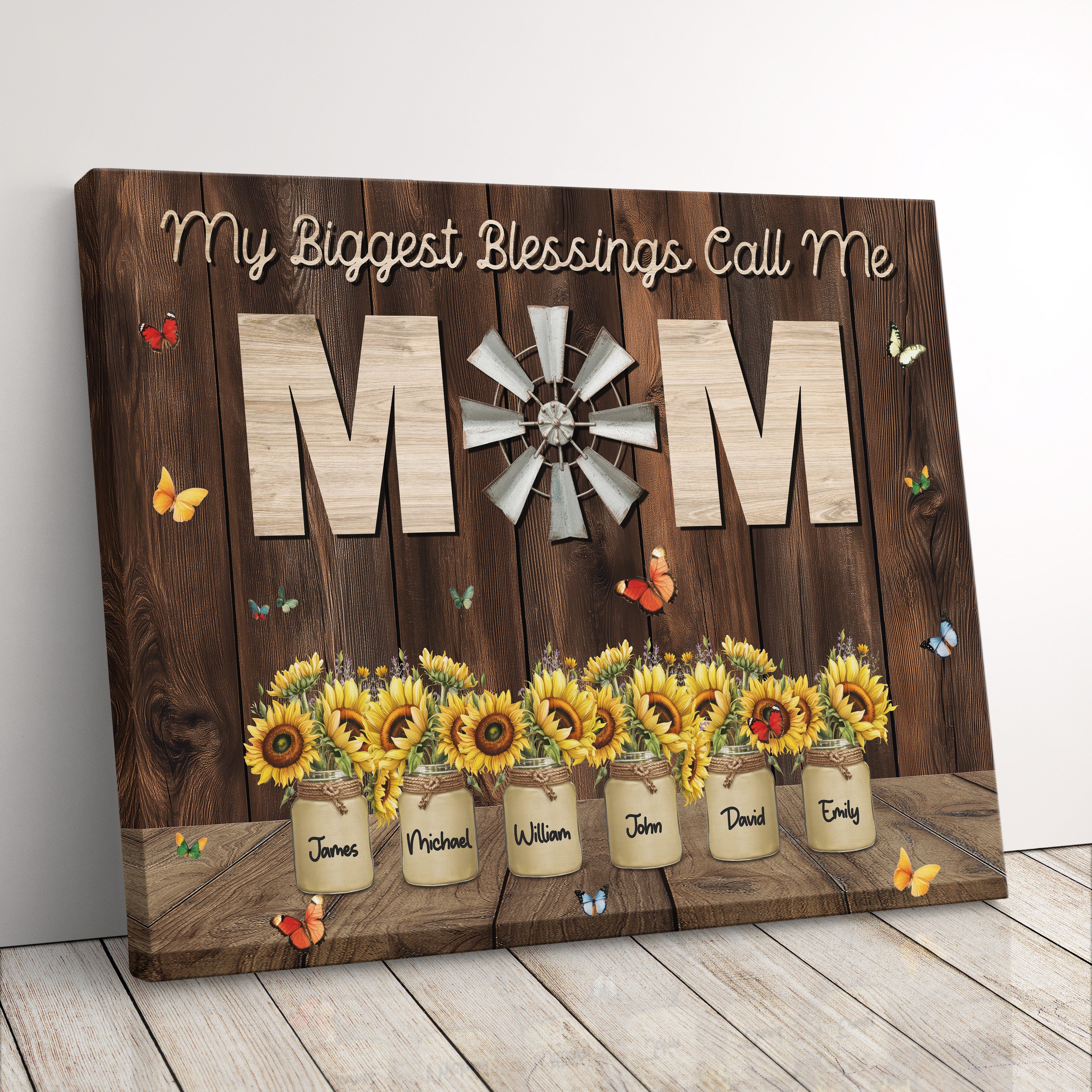 Personalized Gift For Mom Farmhouse Style Sunflower Mason Jar Family Names Canvas Print