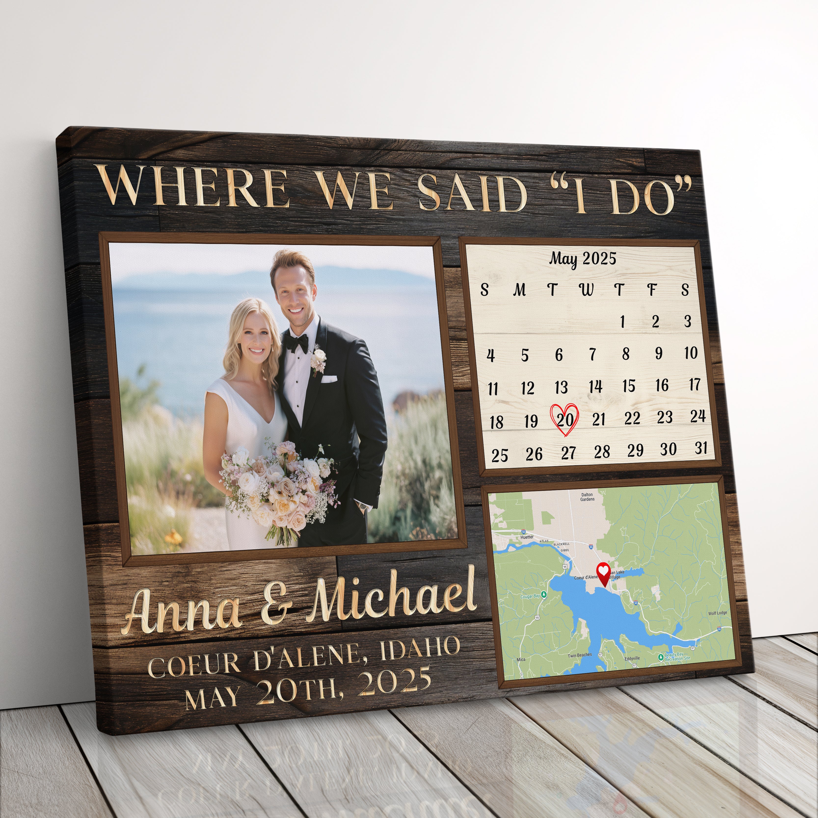 Personalized Wedding Gift Canvas Print, Custom Anniversary Photo Gift For For Wife Or Husband, Photo, Calendar, and Map