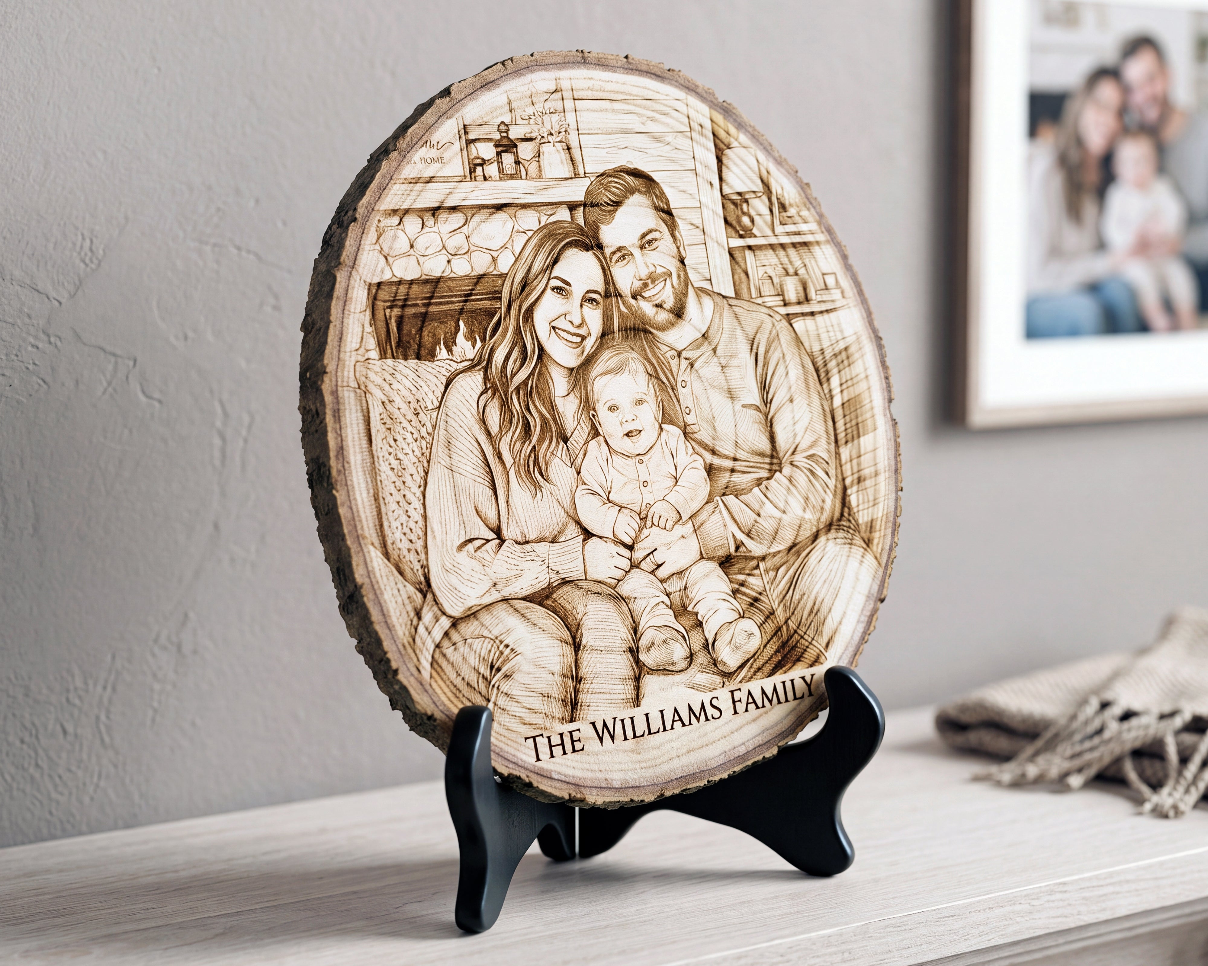 A personalized round wood slice plaque featuring a laser-engraved portrait of a family, displayed on a black stand on a light wood surface against a gray wall.