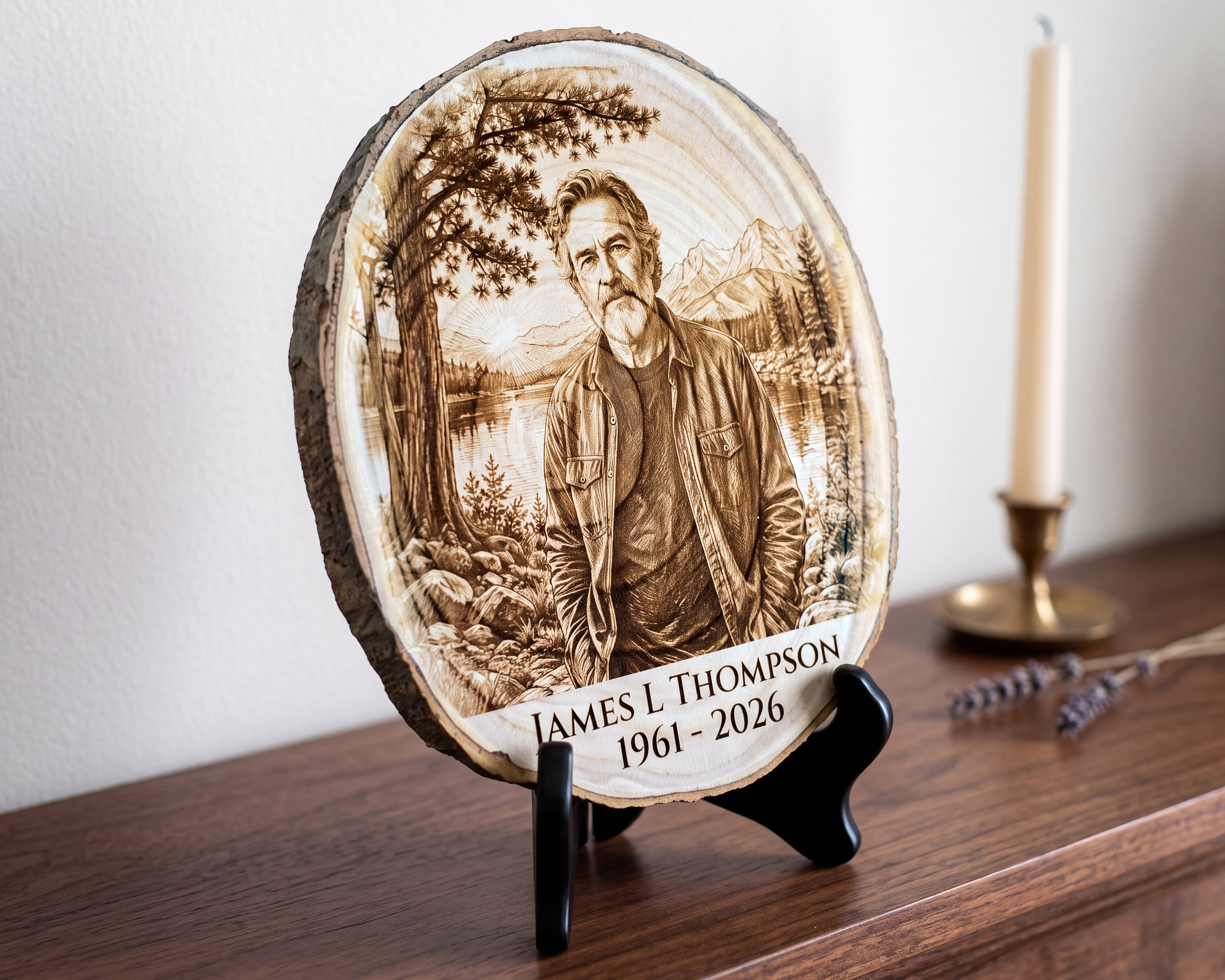 A personalized wood slice plaque featuring a detailed portrait engraving of James L. Thompson with the text 'JAMES L THOMPSON 1961 - 2026' at the bottom, displayed on a black stand on a wooden surface.