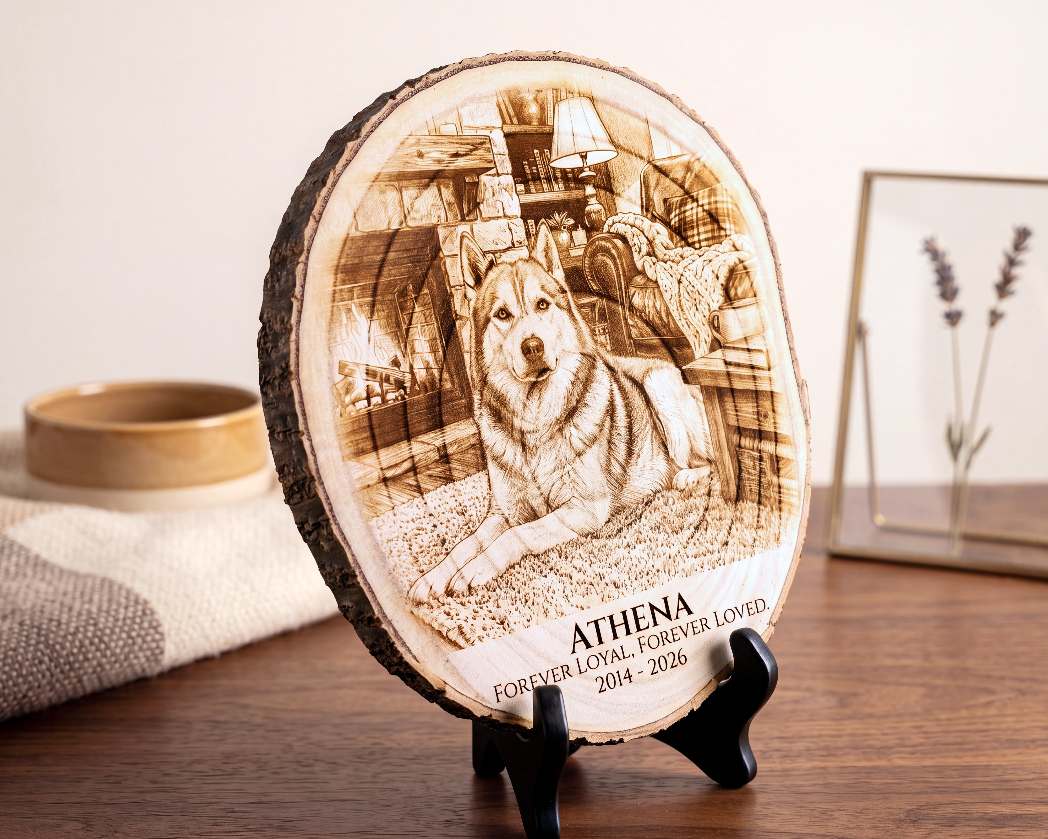 A round wooden slice plaque with a custom engraved portrait of a dog and the text 'ATHENA FOREVER LOYAL. FOREVER LOVED.