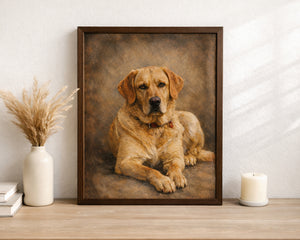 A framed portrait painting of a golden retriever dog, displayed on a wooden shelf next to a white vase with dried grass and a white candle against a textured white wall.