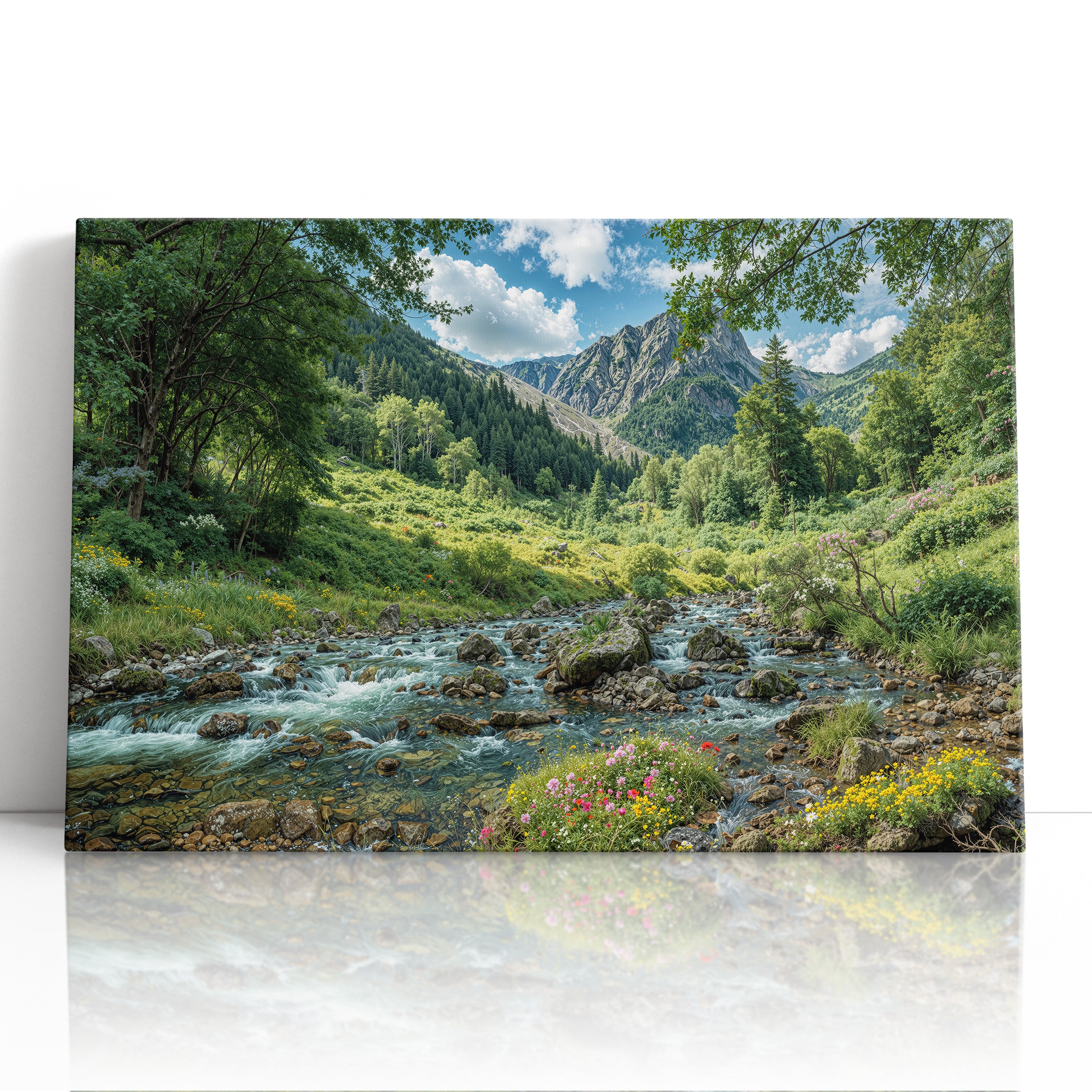 Sunlit Alpine Stream and Mountain Meadow