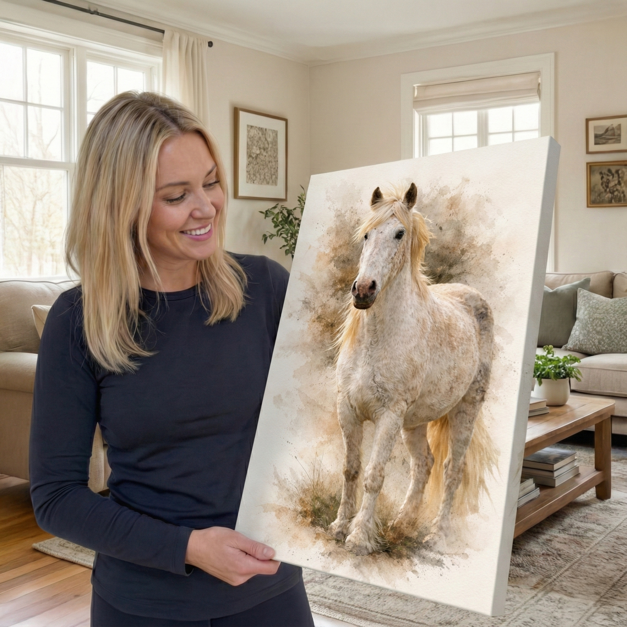 A woman in a navy long-sleeve shirt holds up a large canvas print of a white horse with a golden mane, set against a cozy living room background.