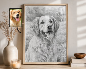 A framed black-and-white portrait drawing of a golden retriever dog displayed on a shelf in a styled room, with a small inset photo of the dog and decorative vase, candle, and books nearby.