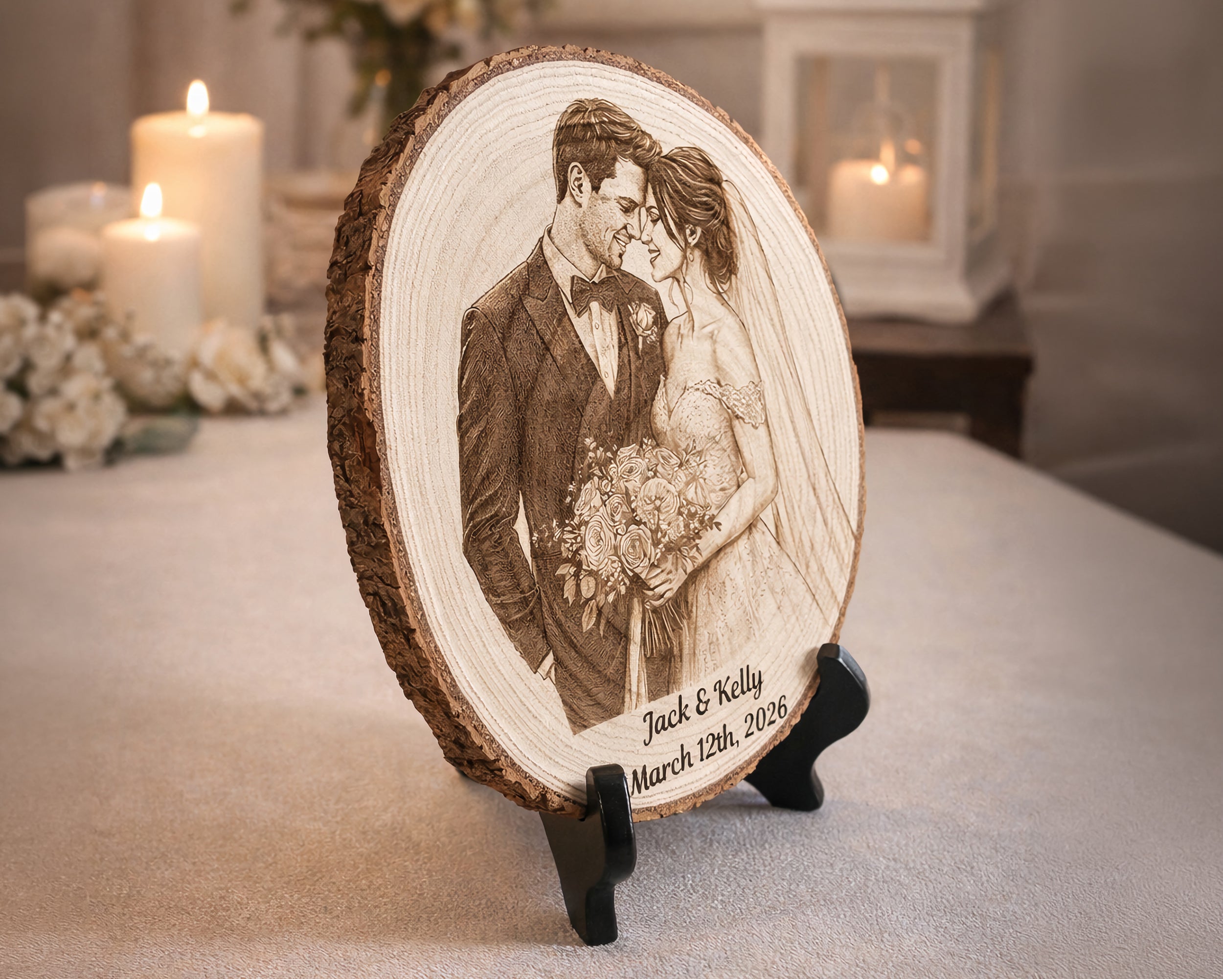 Custom Wood Couples Portrait Engraving – Engagement, Wedding, Or Anniversary Photo Plaque Tree Slice