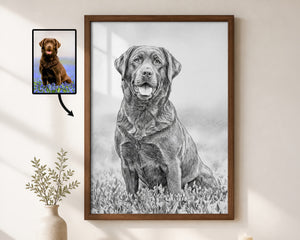 A framed black-and-white dog portrait hangs on a light beige wall, with a small inset photo of a brown dog and an arrow pointing to the artwork. The main product appears to be the framed custom-style dog art print, shown in a styled interior setting with a vase and candle.