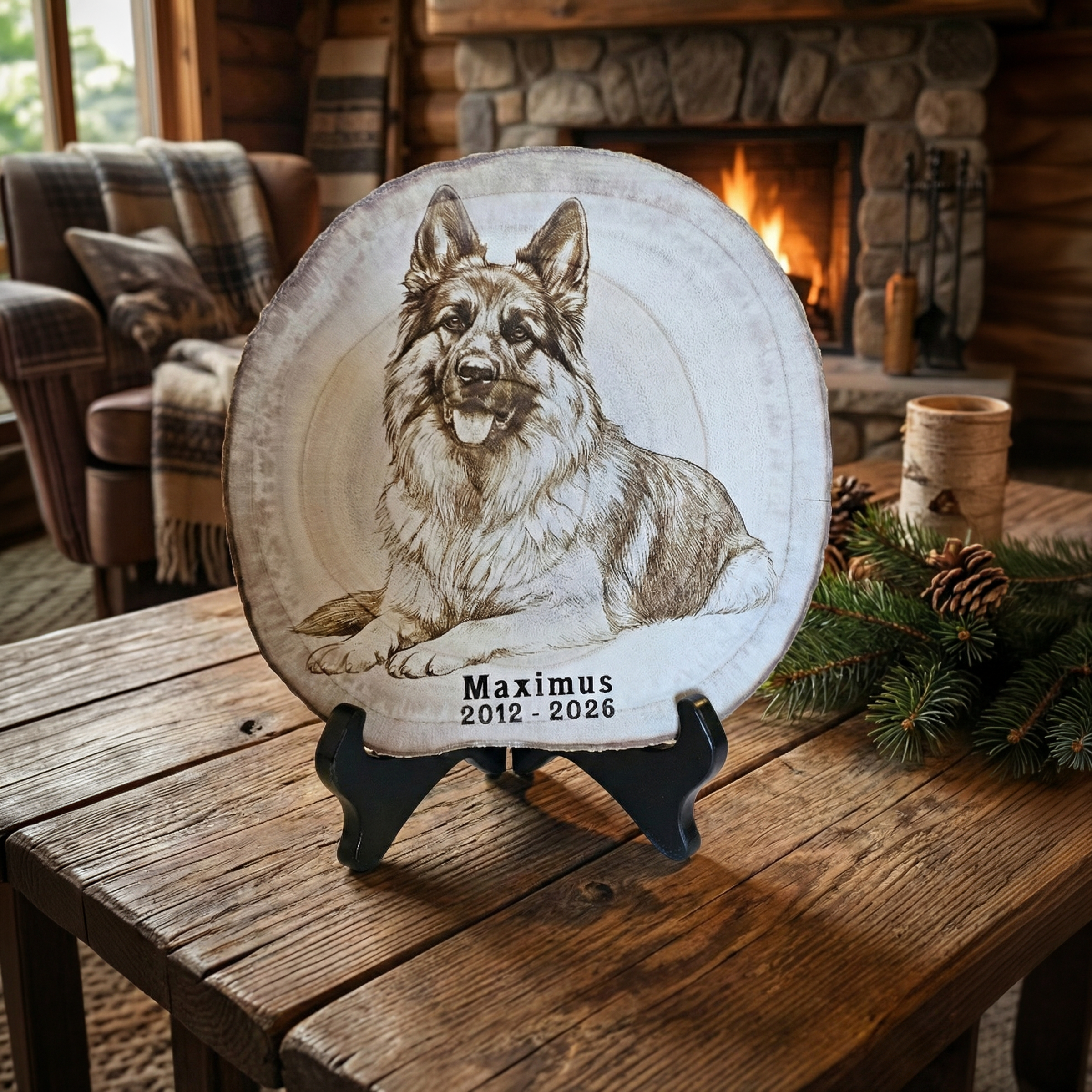 Memorial plaque with a dog's portrait and name on a wooden table in a cozy room with a fireplace.
