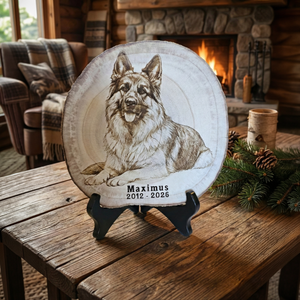 Memorial plaque with a dog's portrait and name on a wooden table in a cozy room with a fireplace.