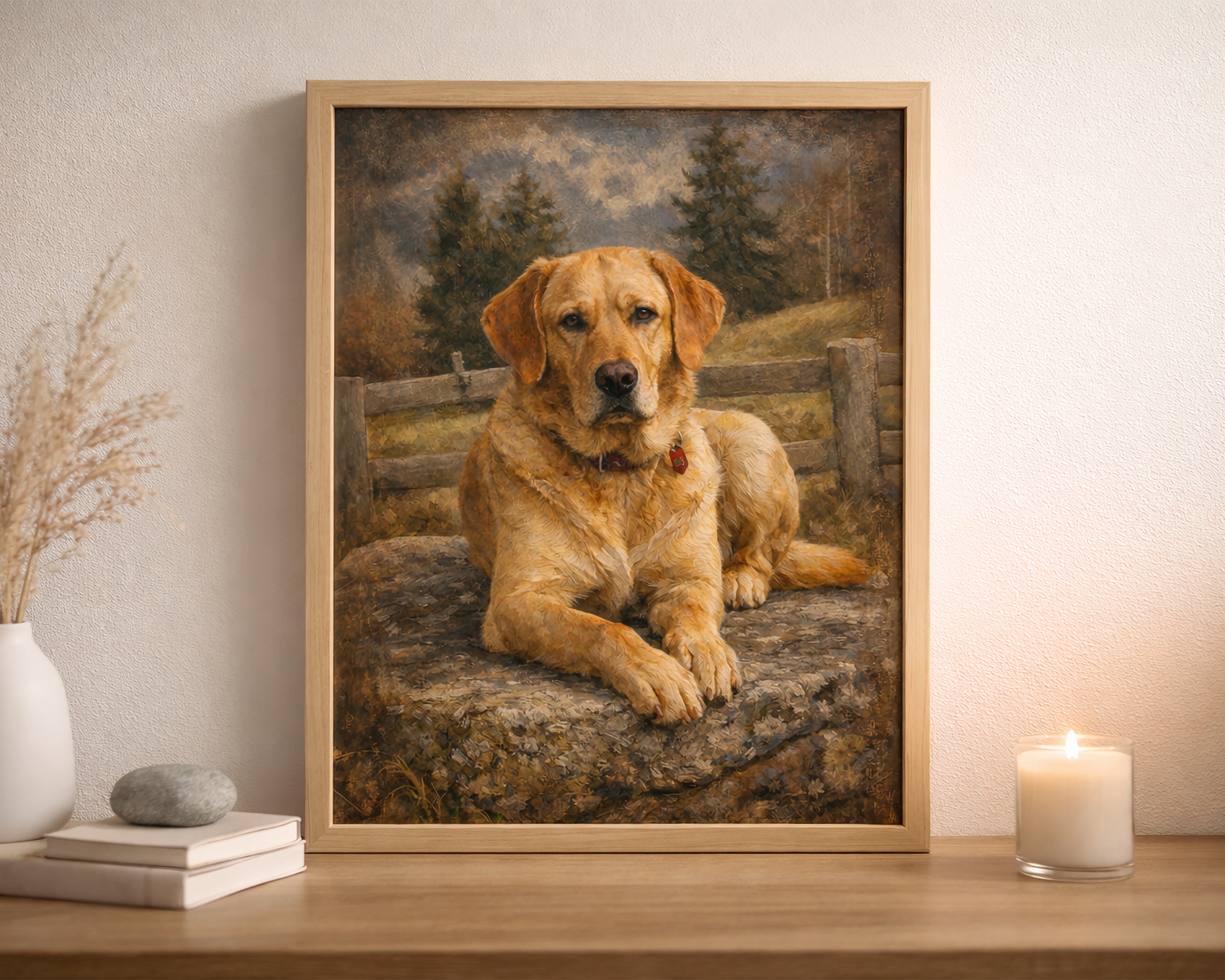 A framed custom pet portrait of a golden retriever dog lying on a rock in an outdoor landscape, displayed on a wooden shelf next to a lit candle and a white vase.