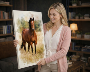 A woman in a pink cardigan and white blouse holds up a vertical canvas painting of a brown horse standing in a grassy field, set against a cozy, book-filled room background.
