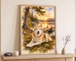 A framed custom pet portrait print of a husky dog lying by a lake at sunset, displayed on a wooden mantelpiece with a candle and vase.