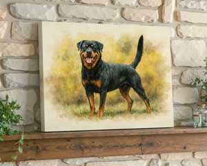 A canvas print of a Rottweiler dog painted in a watercolor style, leaning against a rustic stone wall on a wooden mantel.