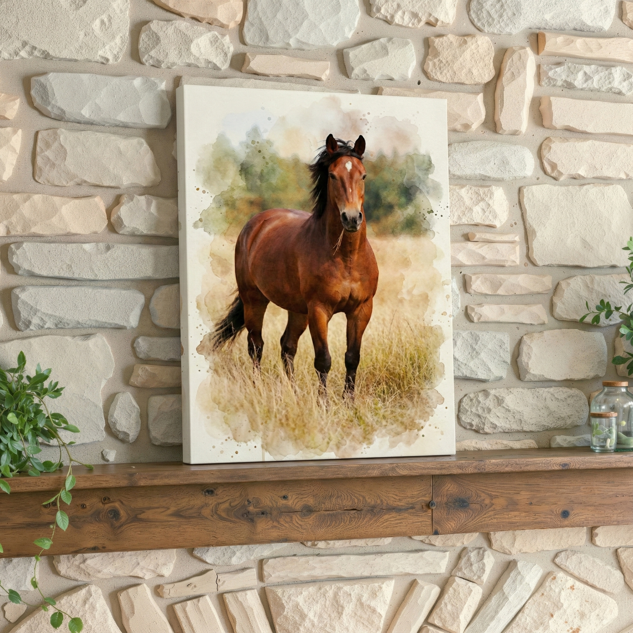 A vertical canvas print featuring a watercolor-style brown horse standing in a grassy field, displayed on a rustic wooden mantel against a light beige stone wall with green plants on either side.
