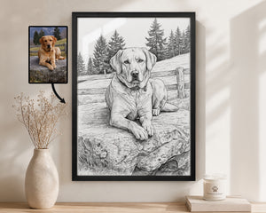 A framed black-and-white custom dog portrait of a Labrador Retriever is displayed on a wall in a styled room setting next to a vase with dried stems and a candle. A small inset photo of the reference dog lies to the left with an arrow pointing to the portrait.
