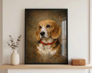 A framed custom pet portrait of a beagle on a wooden shelf, flanked by a white vase with dried leaves on the left and a small wooden box on the right.