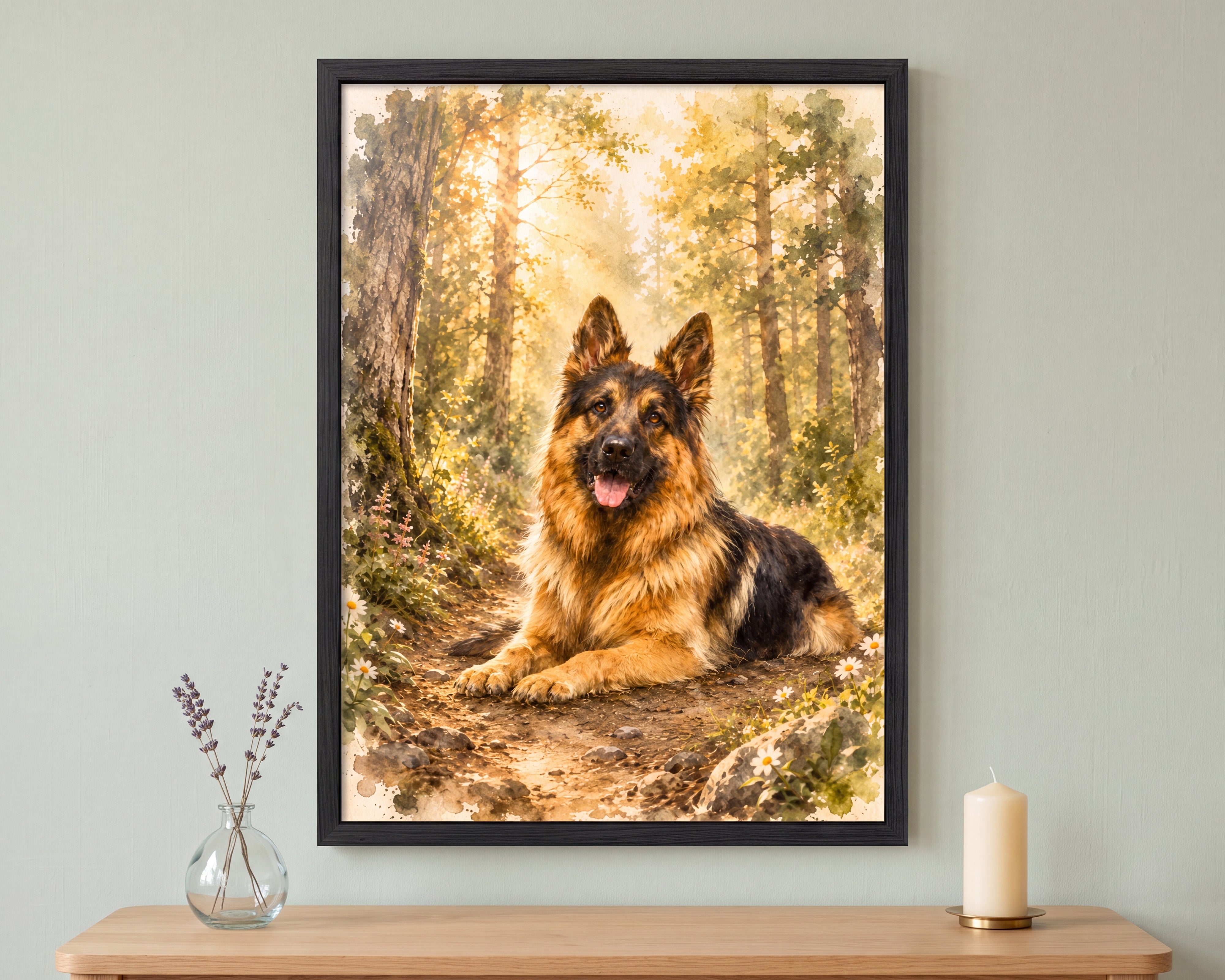 A framed art print of a German Shepherd lying in a sunlit forest, displayed on a light wood console table against a pale green wall, with a small glass vase and a white candle on either side.
