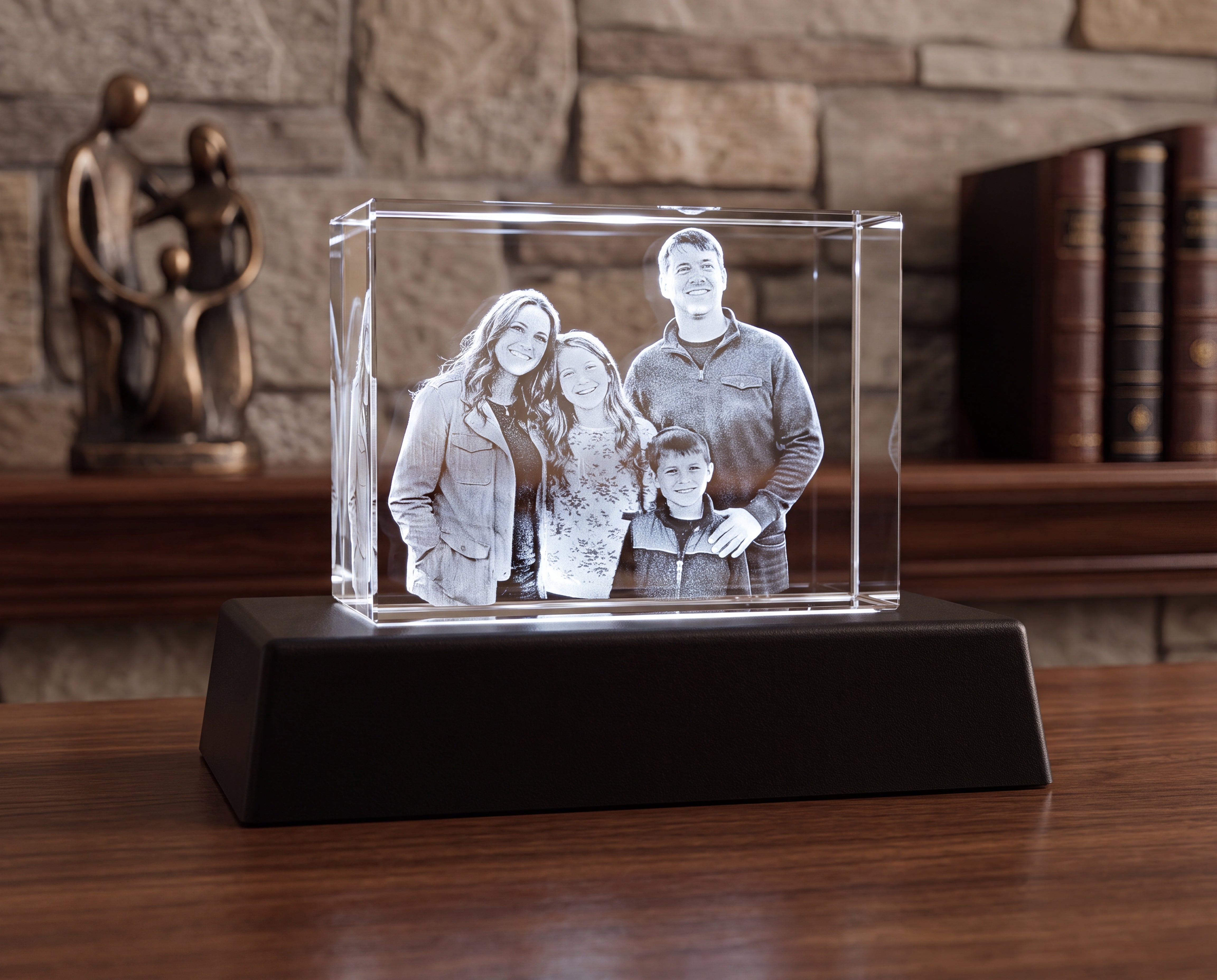 Custom Family Portrait 3D Crystal Engraving With Light Base