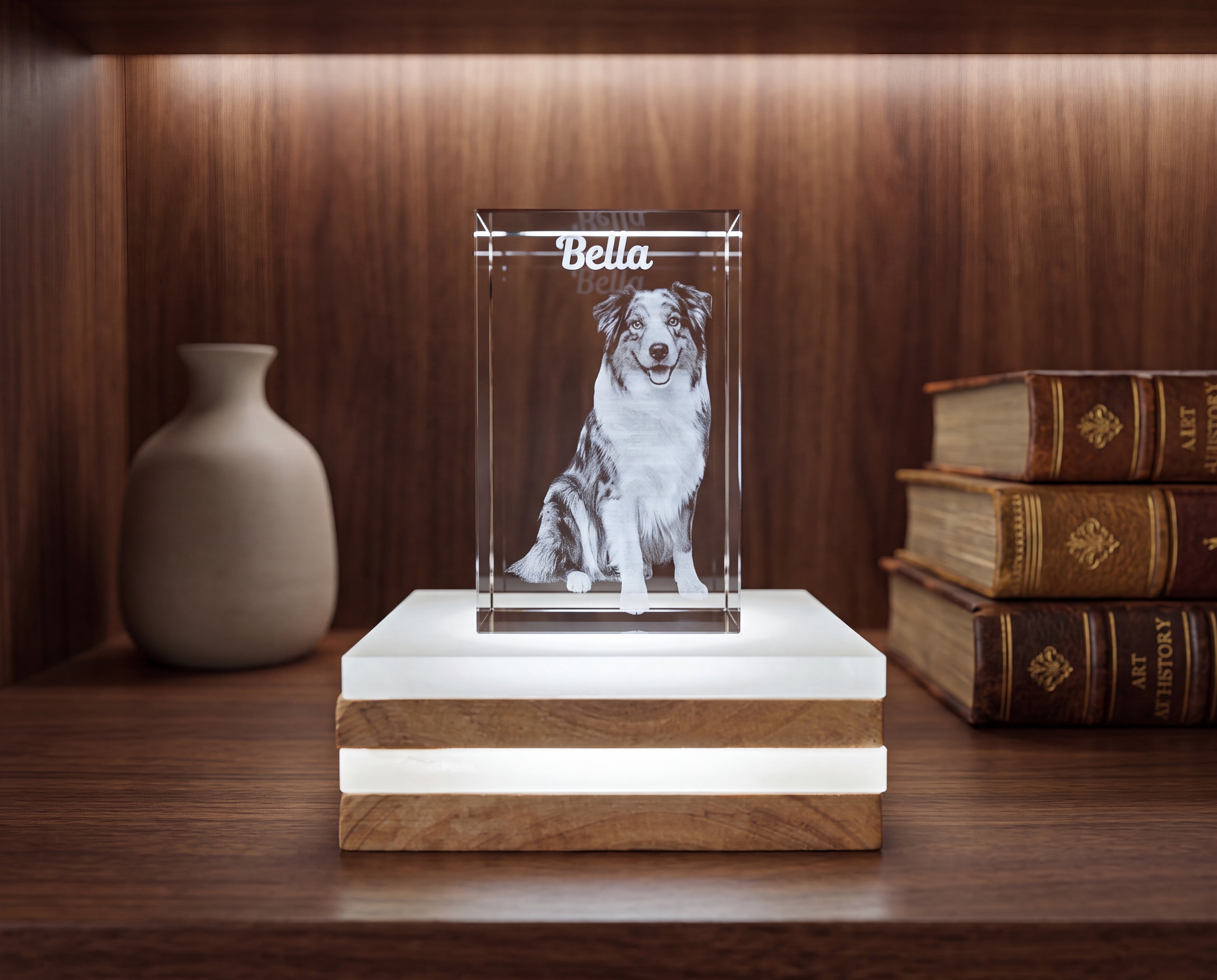 Custom Pet Portrait 3D Crystal Engraving With Light Base