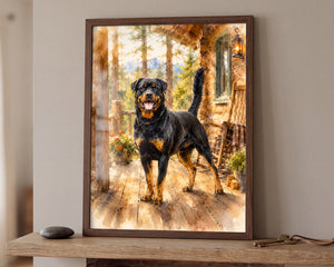 A framed custom pet portrait of a Rottweiler dog standing on a wooden porch, displayed on a wooden mantel against a neutral beige wall.