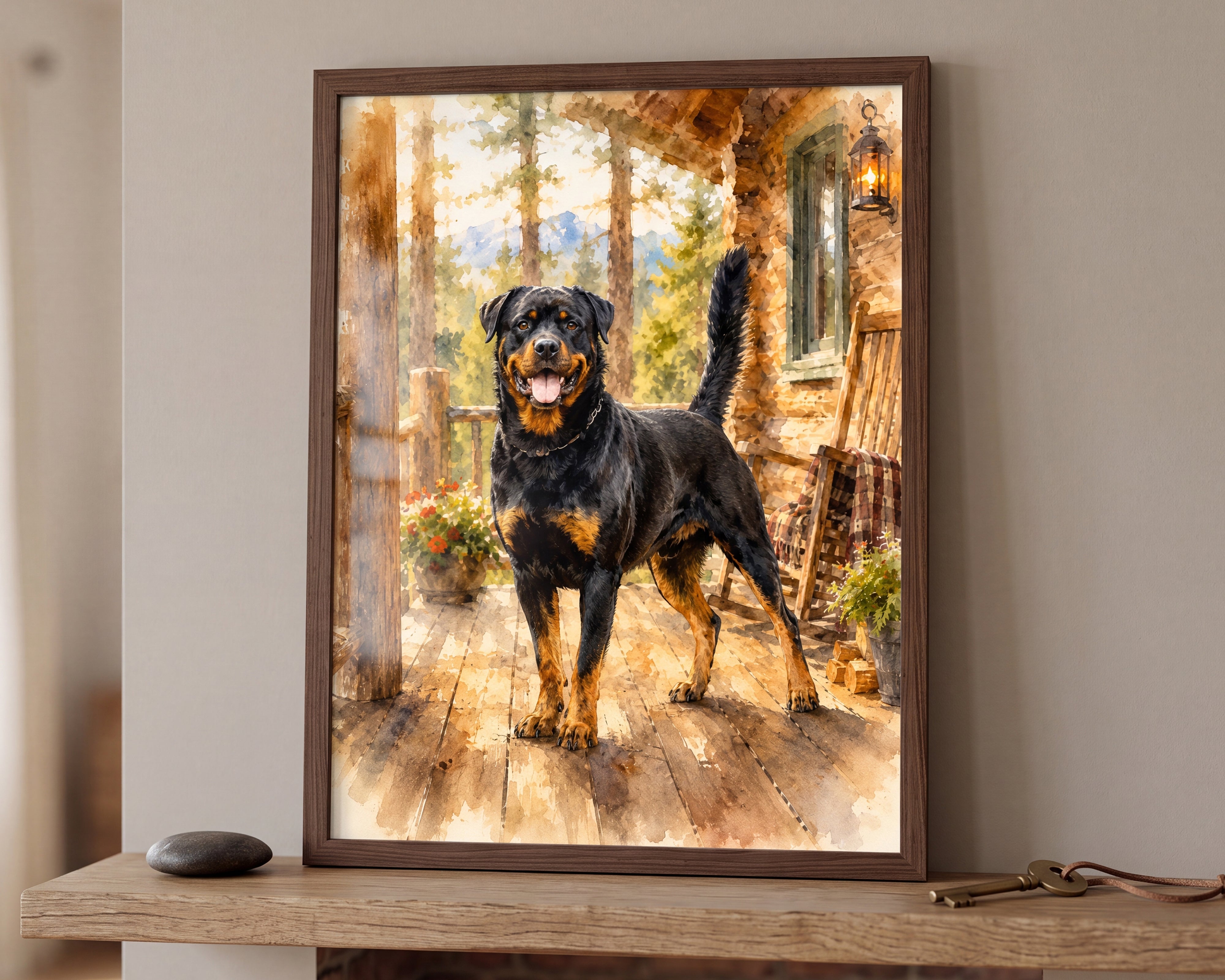 A framed custom pet portrait of a Rottweiler dog standing on a wooden porch, displayed on a wooden mantel against a neutral beige wall.