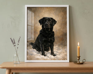 A framed custom pet portrait of a black Labrador retriever sitting in the snow, displayed on a wooden table with a lit candle and a vase of lavender.