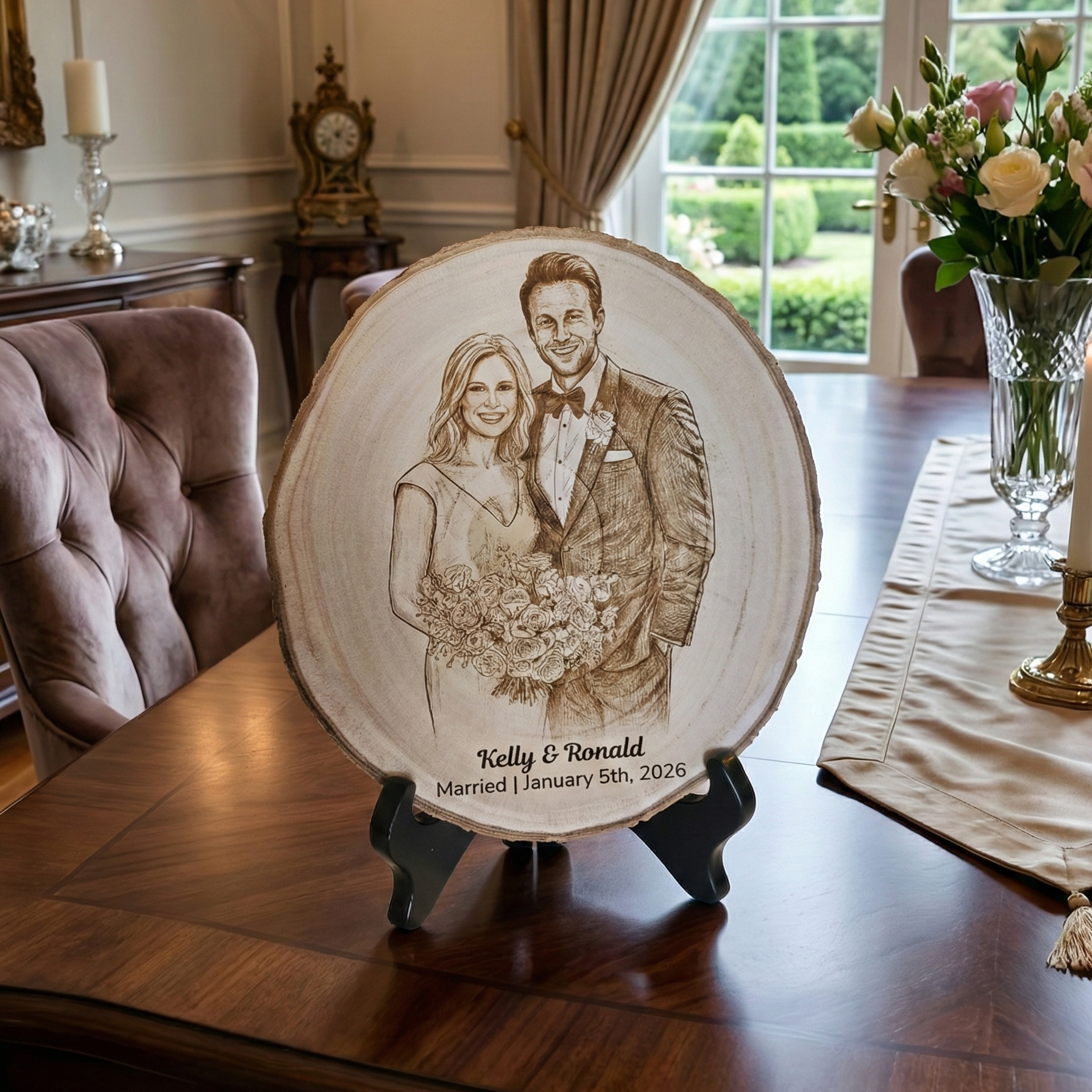 Wooden plaque with a engraved portrait of a couple and text, placed on a table in an elegant room.