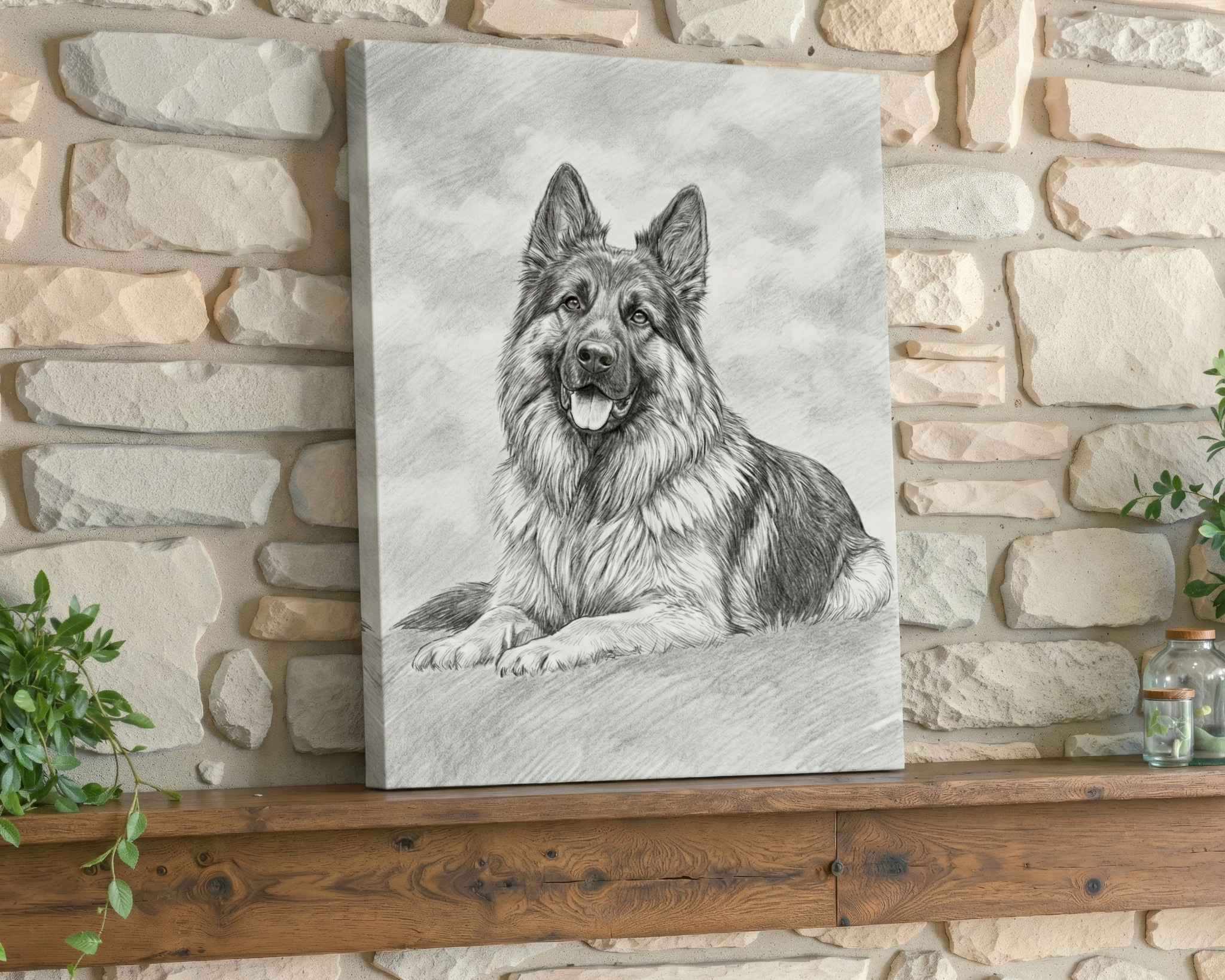 A vertical canvas print featuring a detailed black and white pencil sketch of a long-haired German Shepherd, displayed leaning against a rustic stone wall on a wooden mantel.