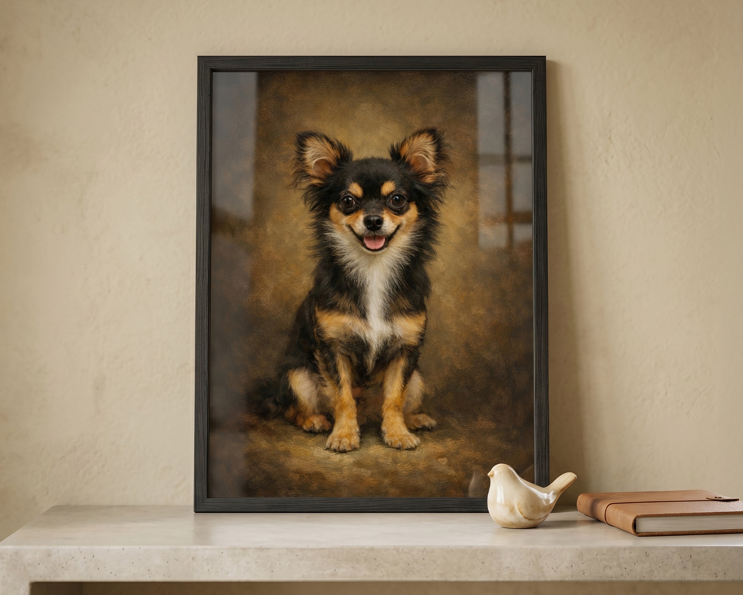 A framed custom pet portrait of a black and tan Chihuahua dog, displayed on a light stone shelf next to a small ceramic bird figurine and a book against a textured beige wall.