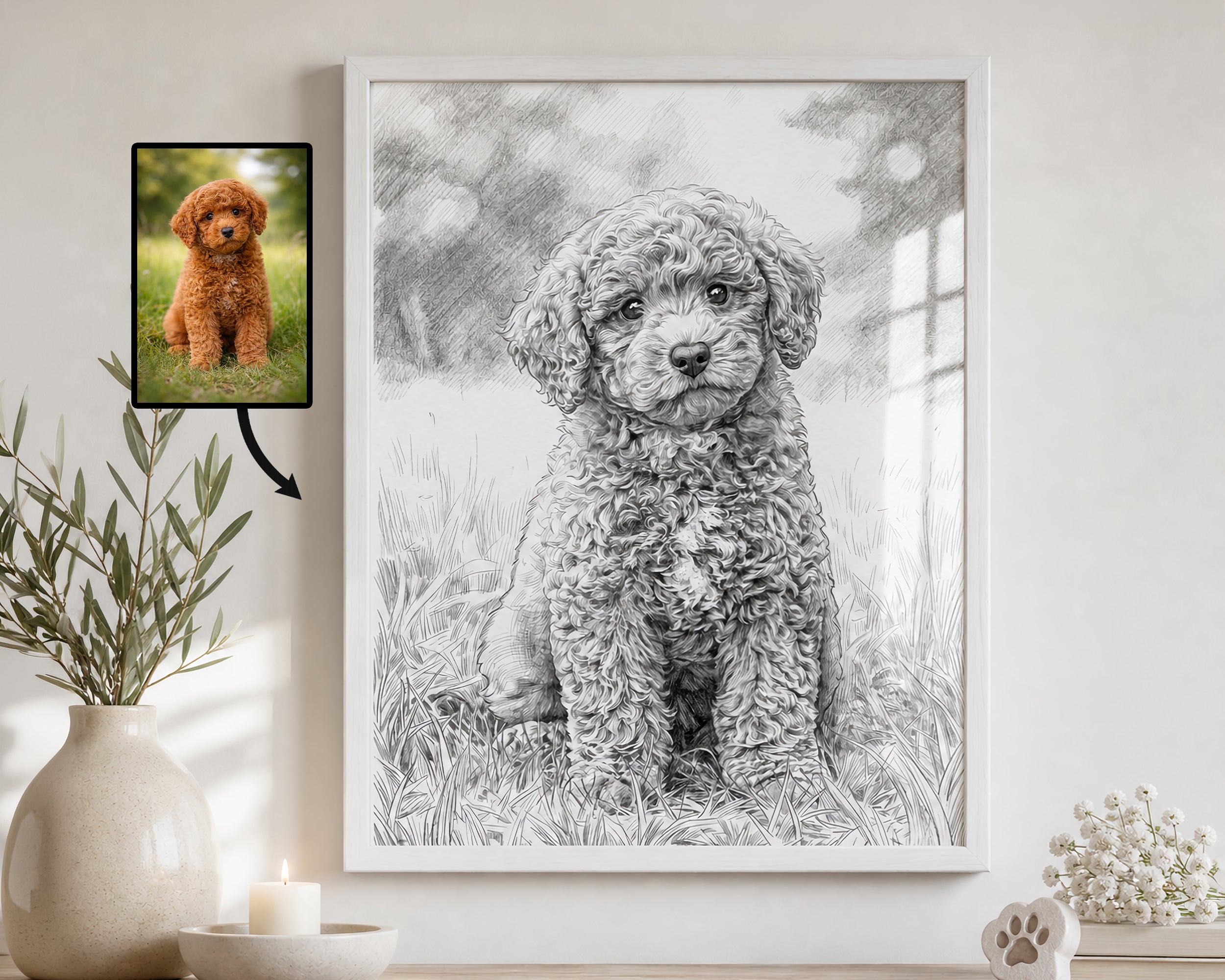 A framed black-and-white pencil-style portrait of a curly-haired puppy displayed on a wall in a styled room, with a small inset photo of the real puppy shown beside the framed artwork and an arrow connecting them.