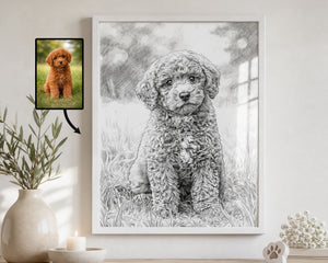 A framed black-and-white pencil-style portrait of a curly-haired puppy displayed on a wall in a styled room, with a small inset photo of the real puppy shown beside the framed artwork and an arrow connecting them.