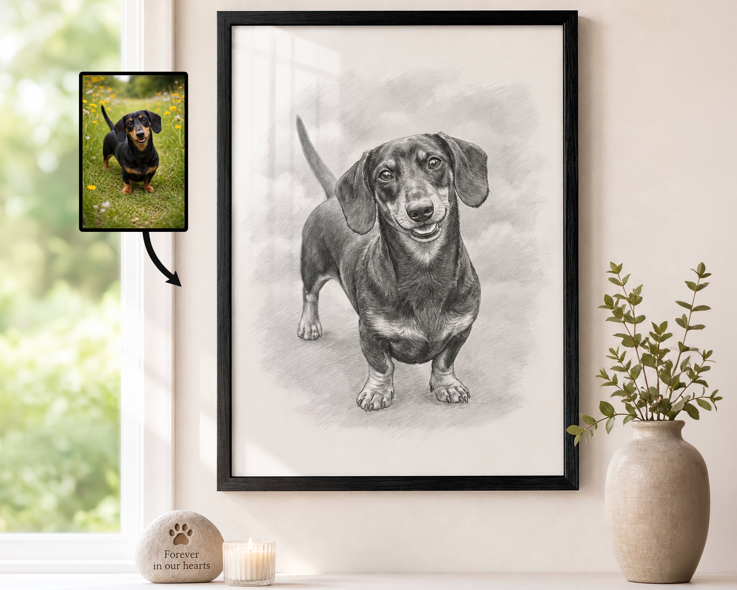 A framed custom pet portrait showing a detailed black and white sketch of a dachshund, displayed on a shelf next to a vase with greenery and a window. A small inset photo of the actual dachshund dog is shown in the upper left corner with an arrow pointing to the sketch.