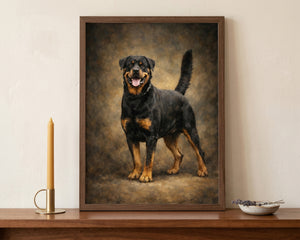 A framed custom pet portrait of a Rottweiler dog, displayed on a wooden mantelpiece next to a lit candle and a small dish against a neutral wall.