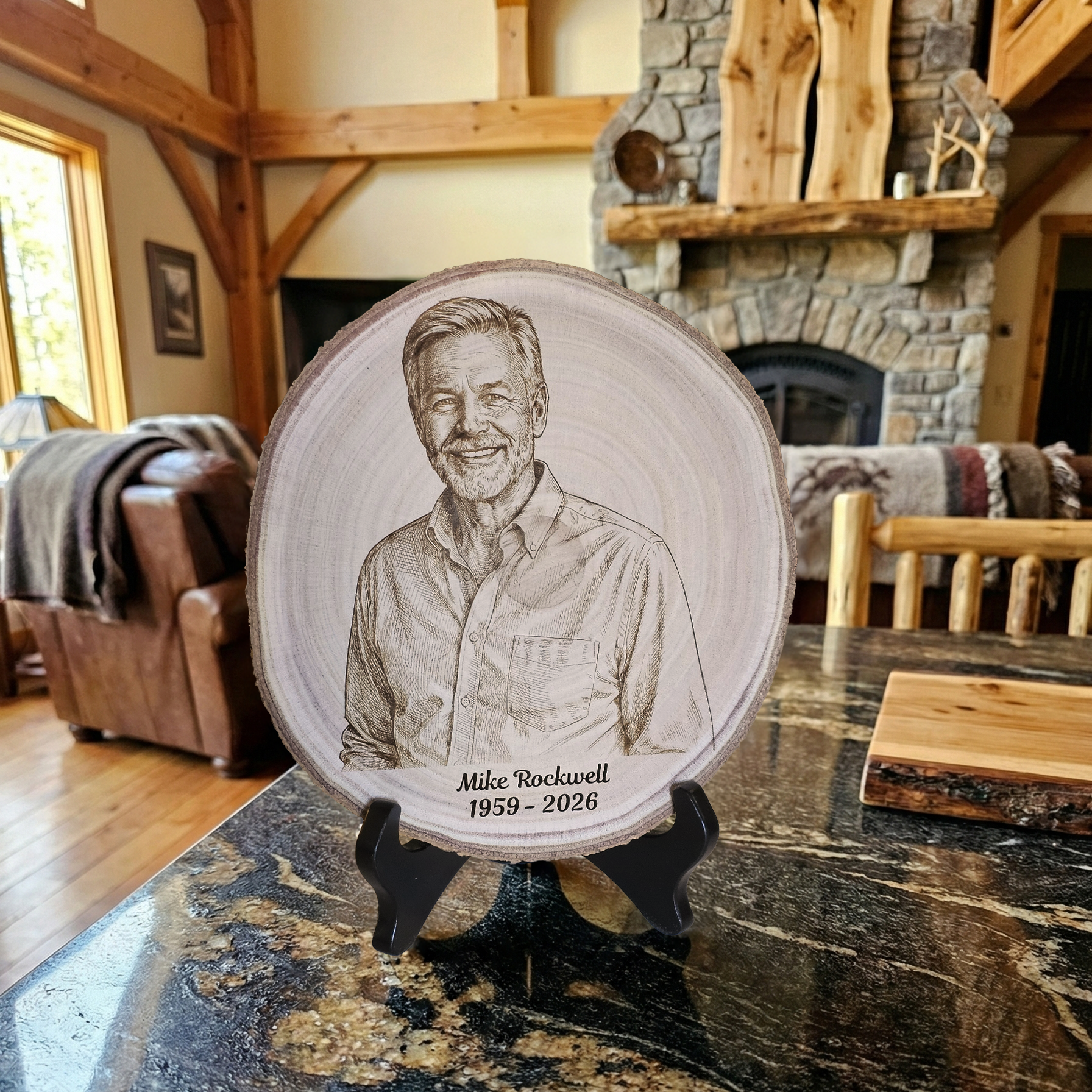 Round Tree Slice Wood Portrait Display Natural Wood Engraving Custom Photo Memorial Personalized Keepsake Display Stand Included Commemorative Gift Sympathy Present Rustic Wood Texture Unique Handcrafted Art Memorial Tribute Special